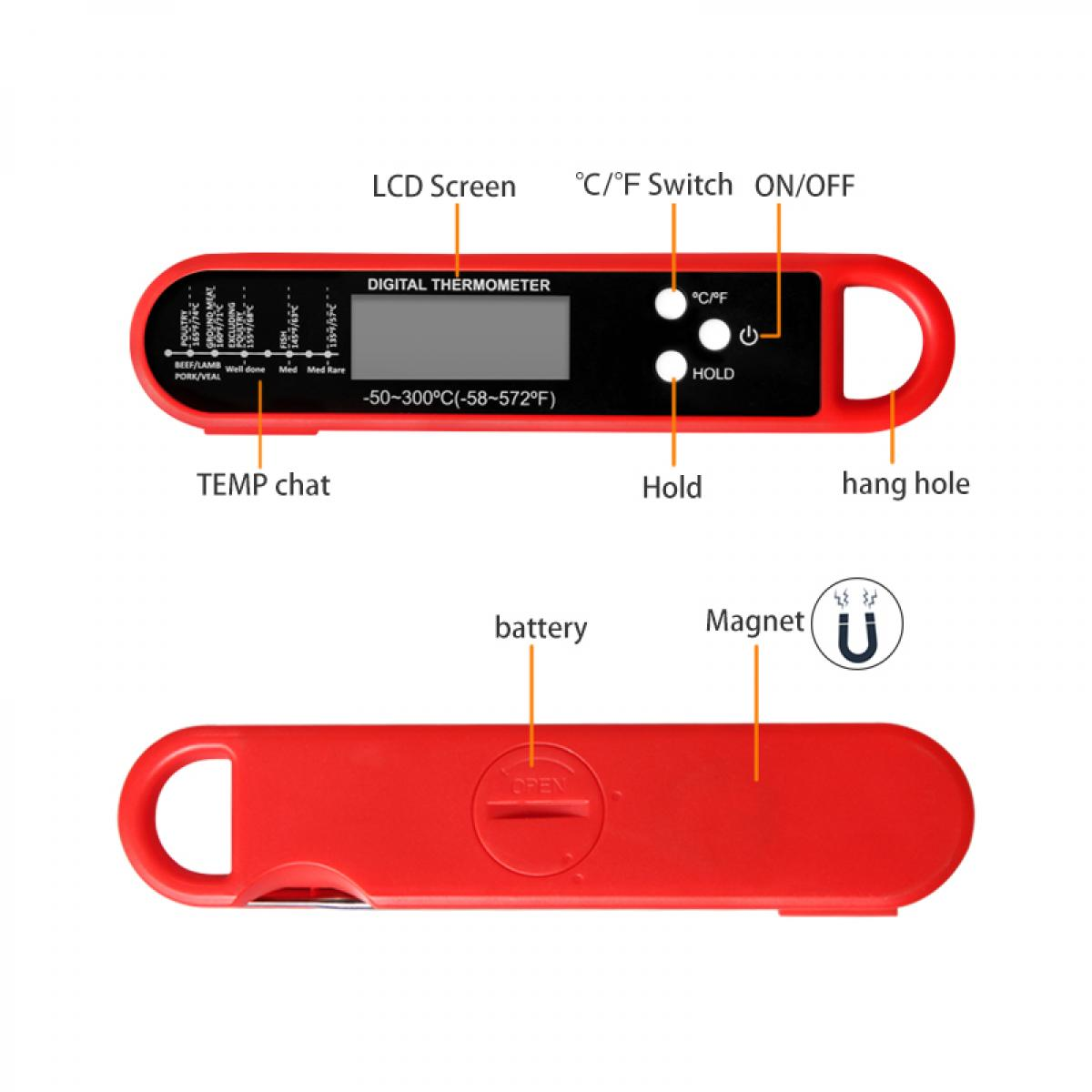 Rotes Digitalthermometer mit LCD-Bildschirm, Tasten und Aufhängeloch. Rückseite zeigt Batterie.