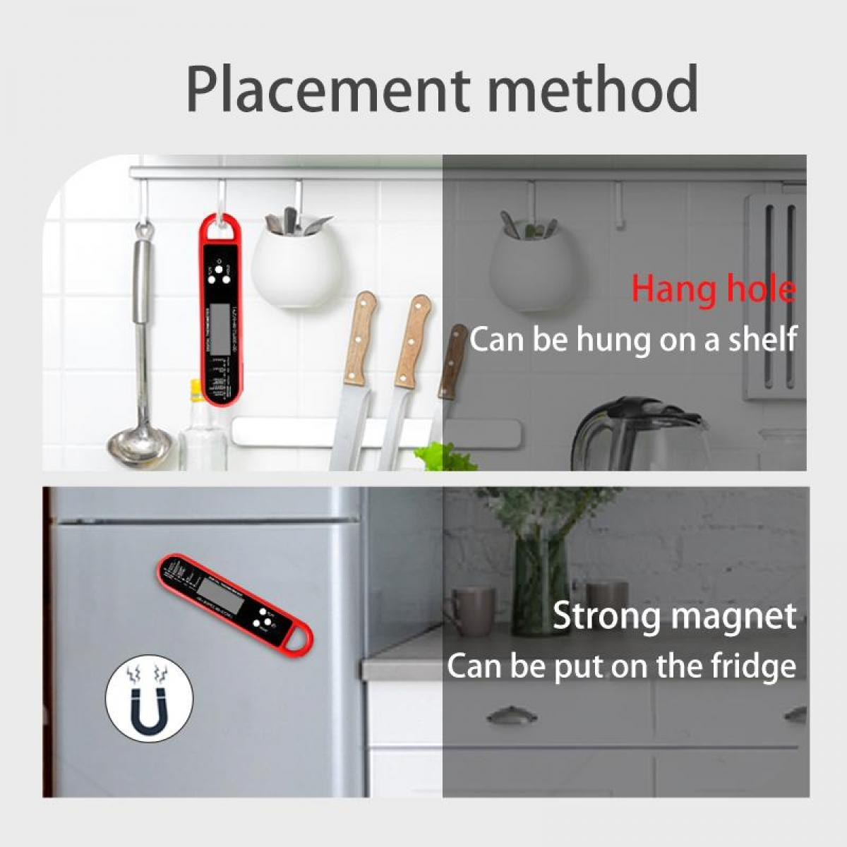 Digitale Thermometer können aufgehängt oder am Kühlschrank befestigt werden.