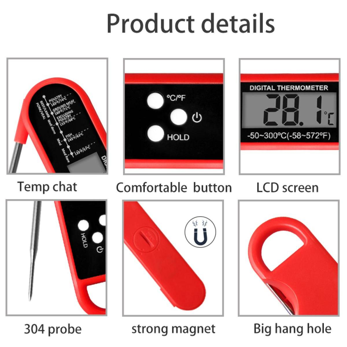 Collage eines roten digitalen Fleischthermometers: Sonde, Tasten, LCD-Bildschirm, Magnet.