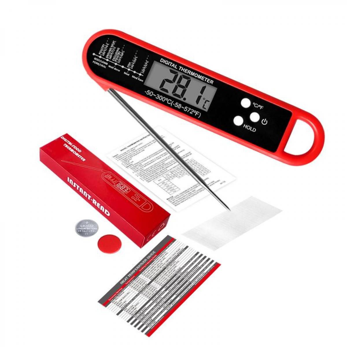 Ein rotes Digitalthermometer mit silbernem Stab, daneben eine rote Box und Zubehör.