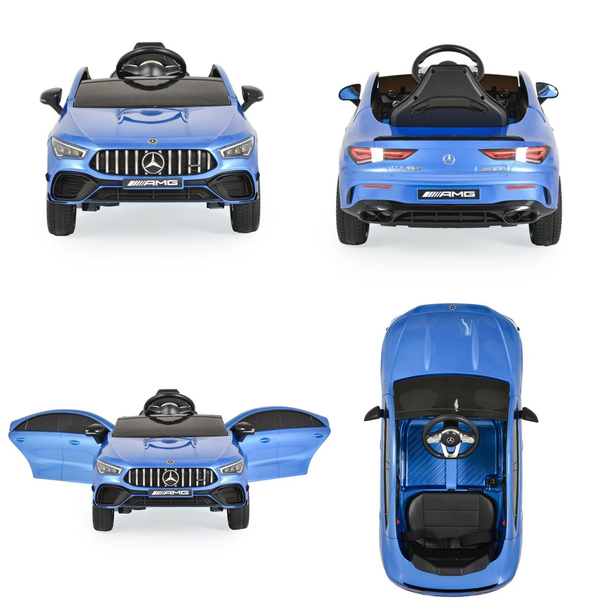 Blauer Mercedes-Kinder-Elektroflitzer von vorne, hinten, mit geöffneten Türen und von oben.