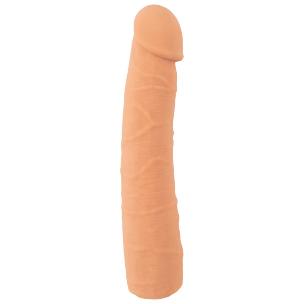 Ein pfirsichfarbener Dildo mit Rippenstruktur und einer Gliedspitze.