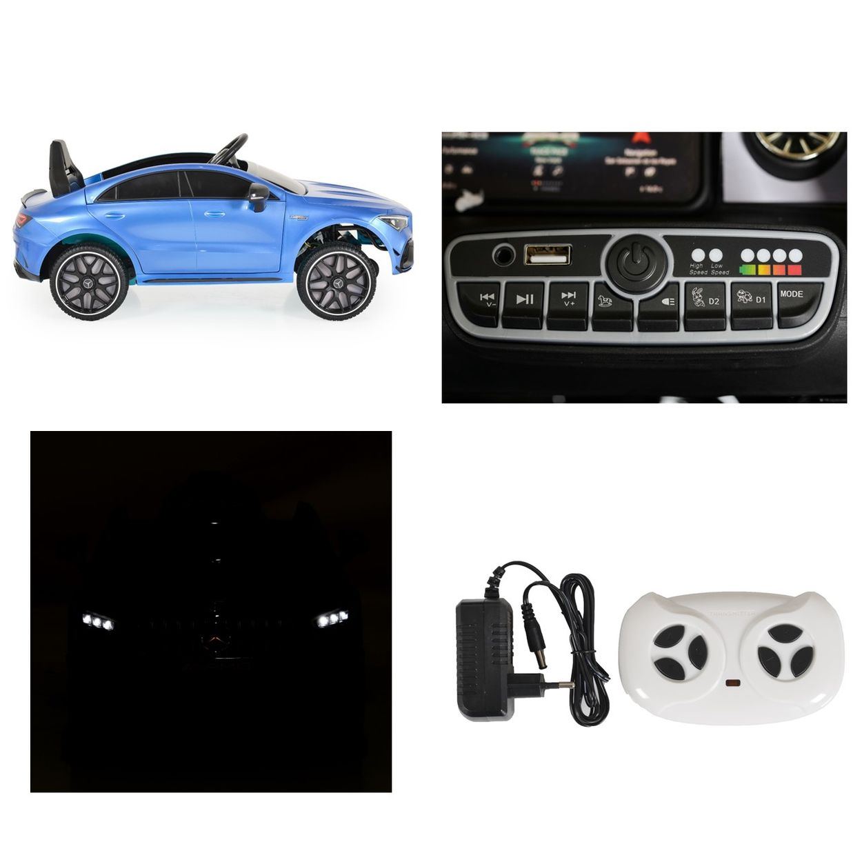 Ein blaues Elektroauto mit Bedienelementen, Lichtern und Ladegerät.