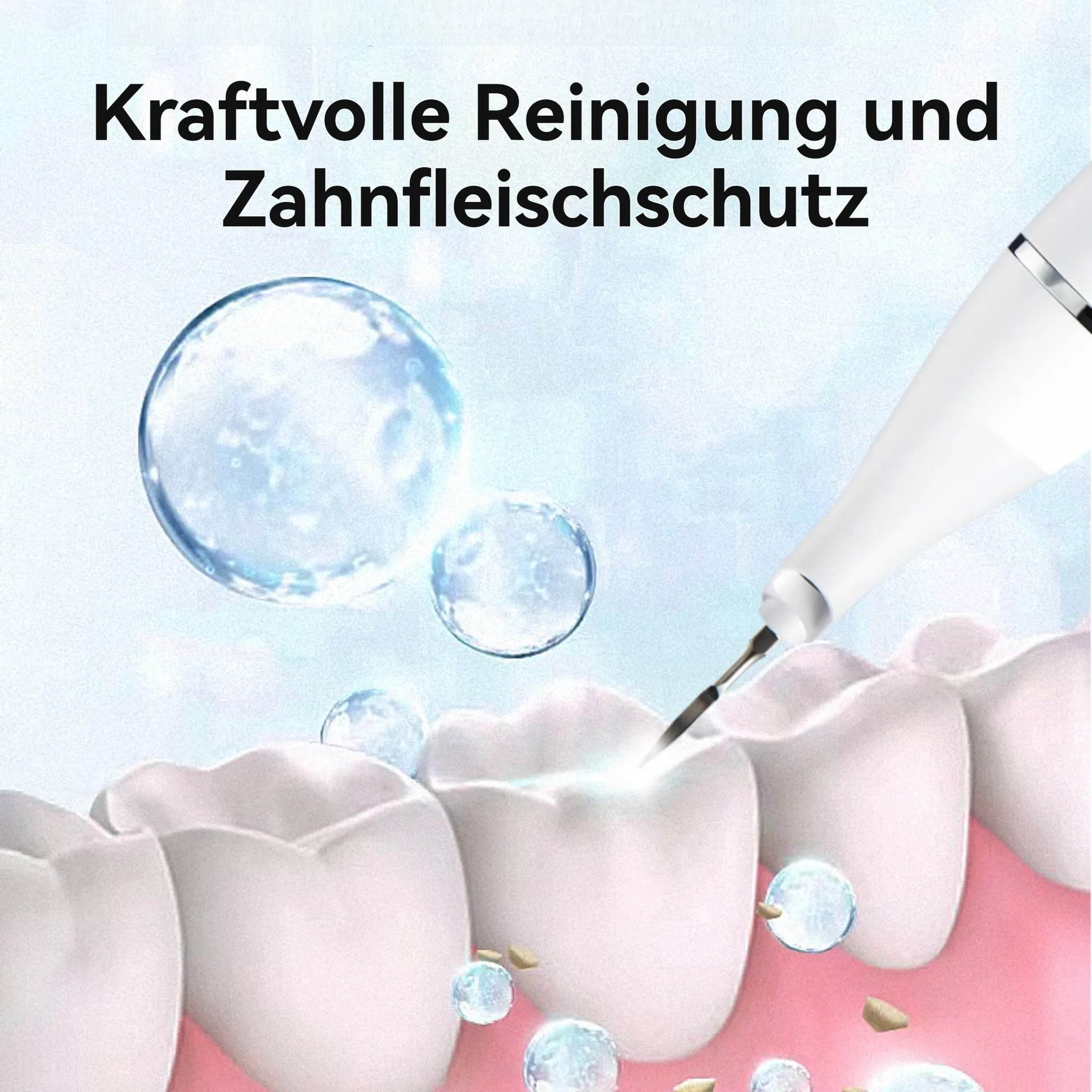 Ein zahnreiniger reinigt Zähne mit Blasen und Lichteffekten.