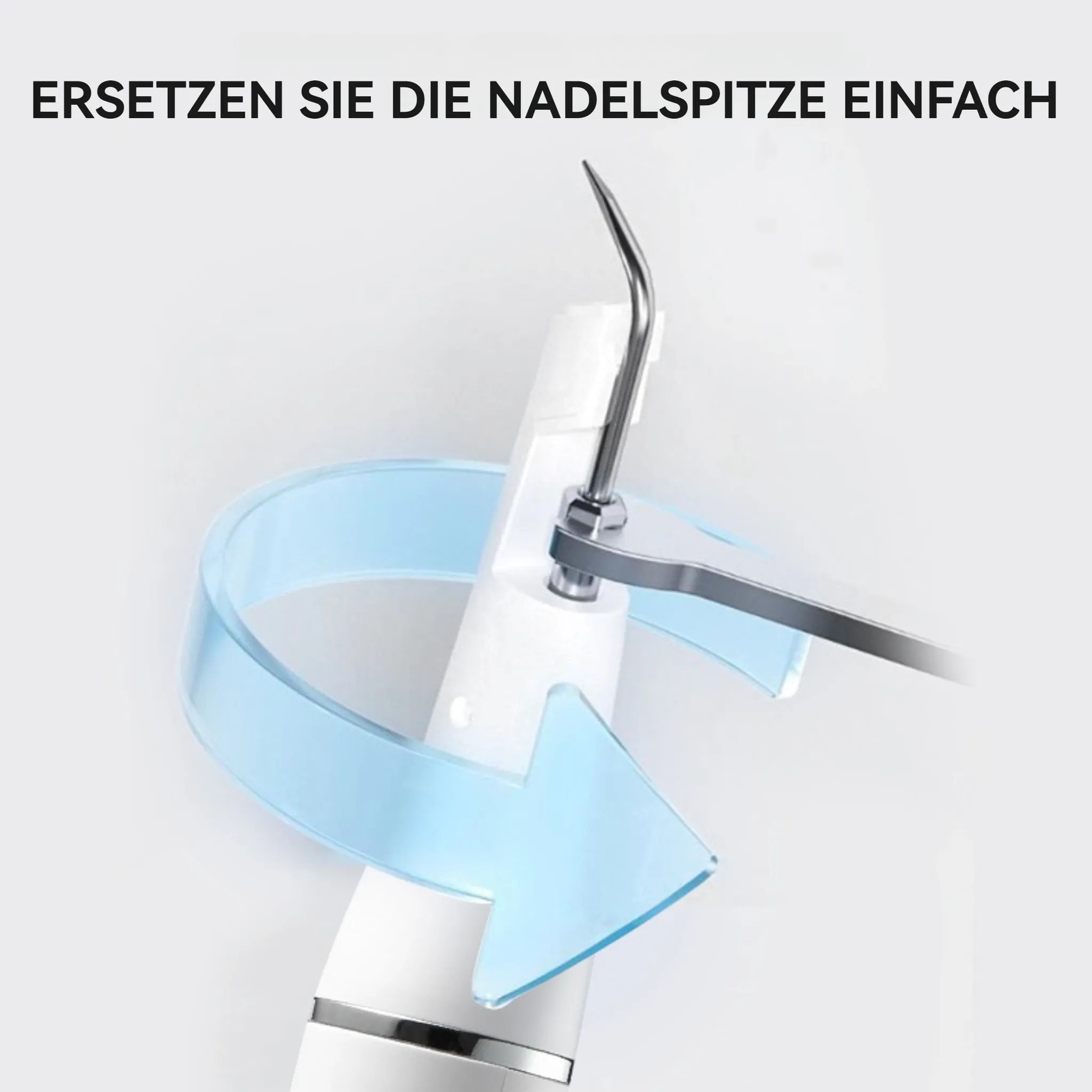 Ein weißes Gerät mit einer Metallspitze und einem blauen Pfeil.