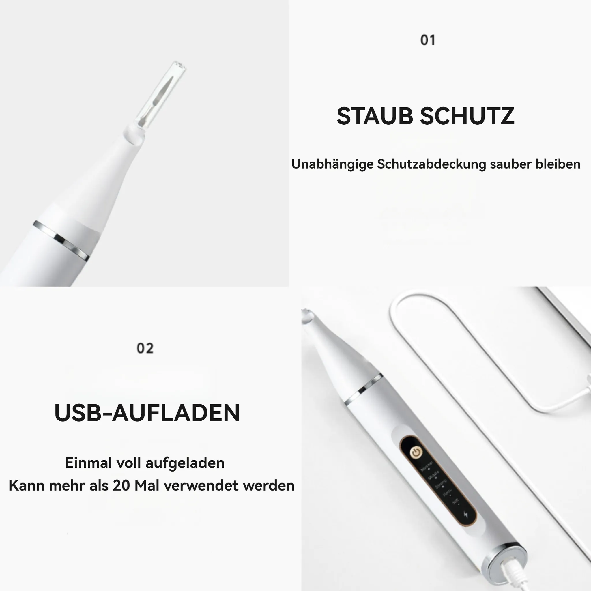 Ein weißes elektrisches Gerät mit abnehmbarem Aufsatz und Ladeanzeige.