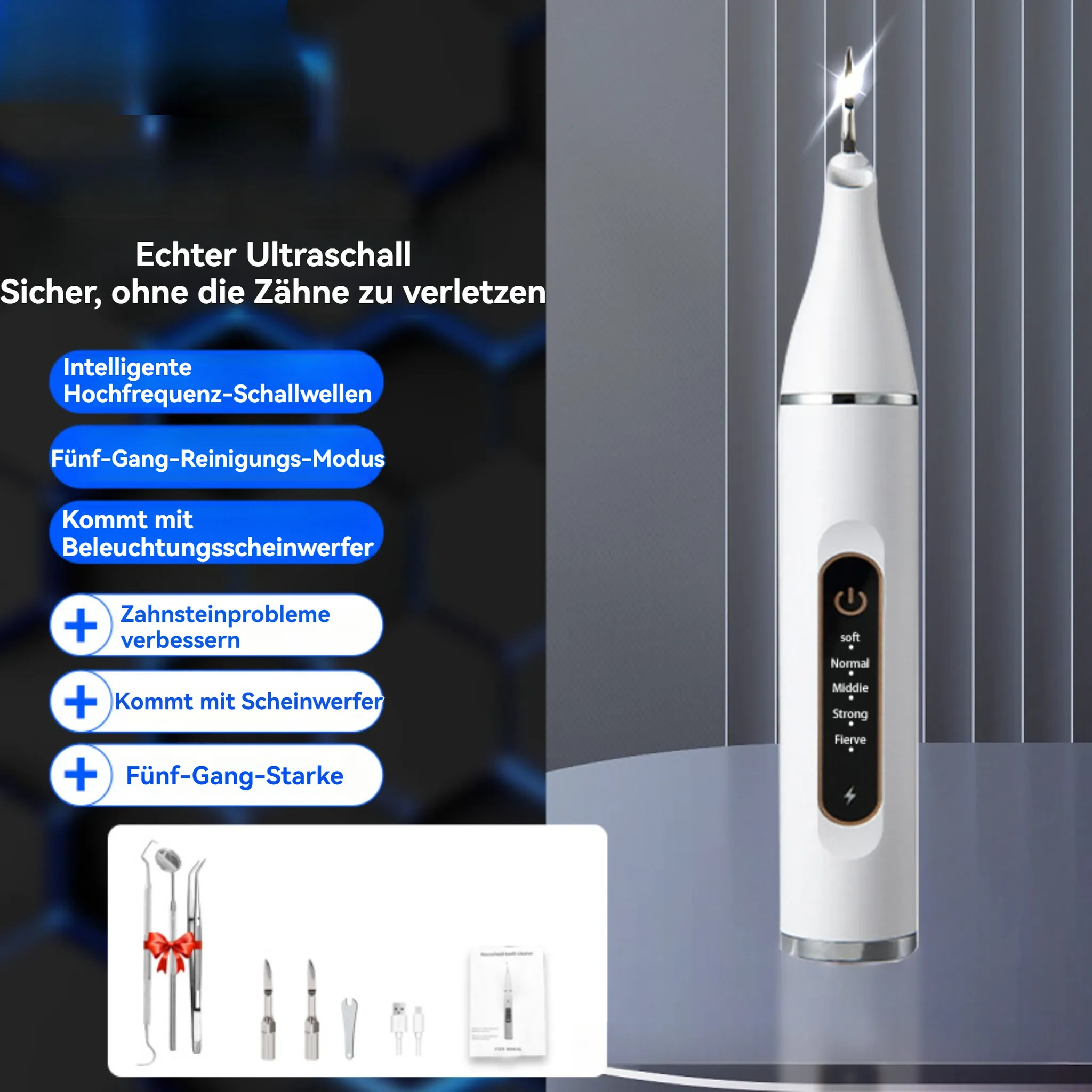 Ein weißes Ultraschall-Zahnreinigungsgerät mit verschiedenen Aufsätzen und Modi.