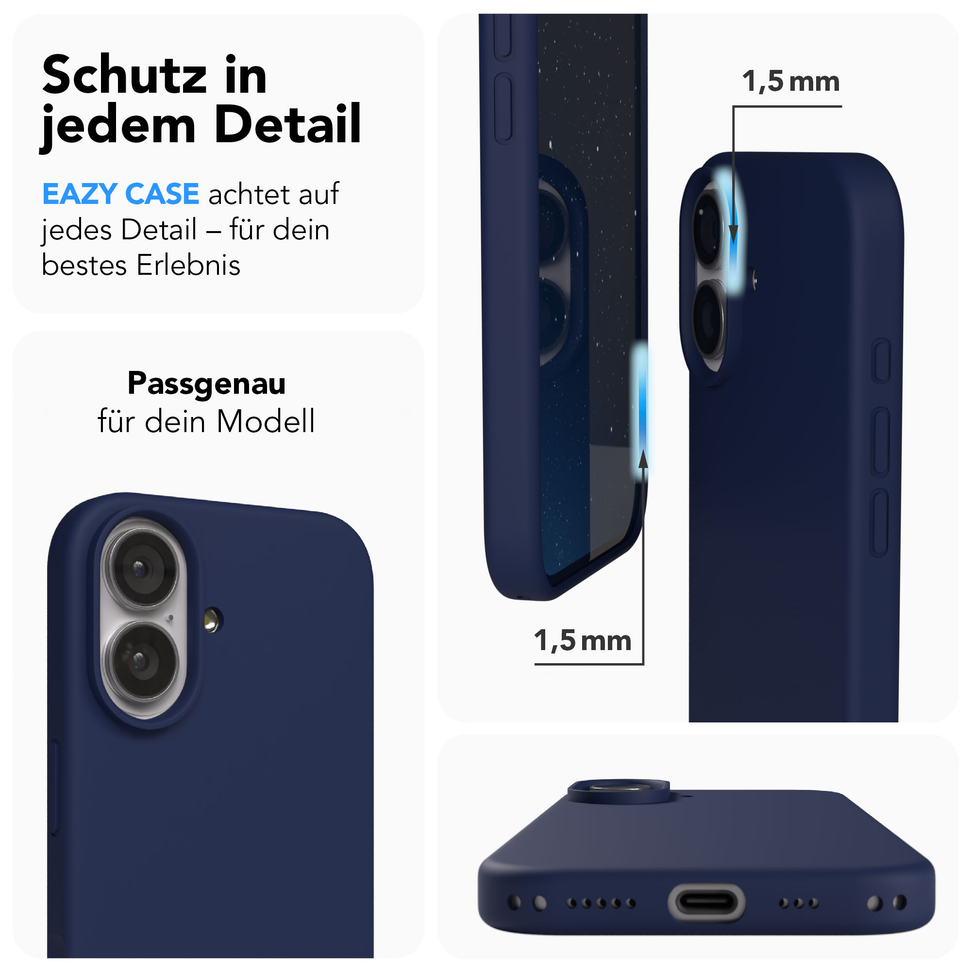 Dunkelblaue Handyhülle zeigt Kameras, Knöpfe und Ladeanschluss.