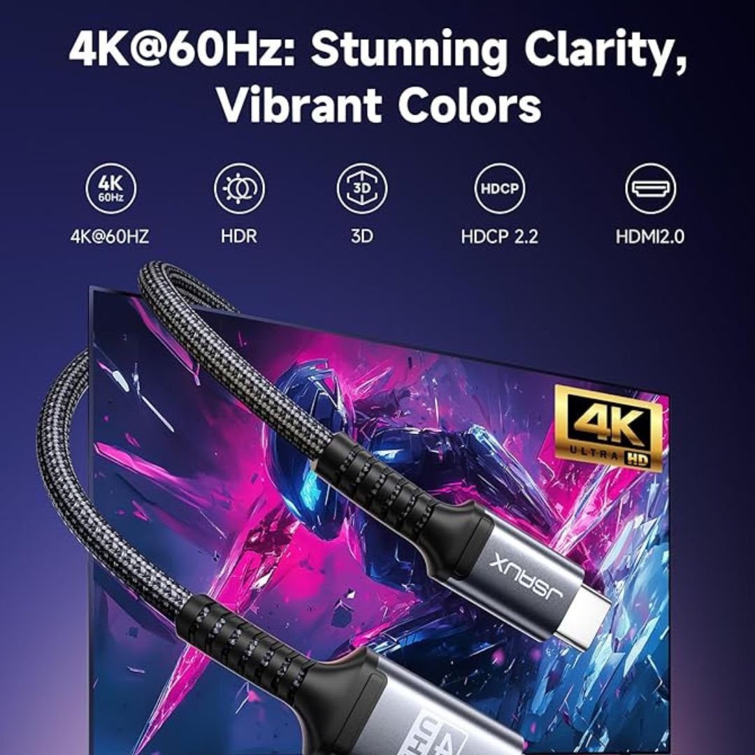 Un cable HDMI frente a una pantalla 4K con colores vibrantes, con iconos de 4K, HDR y 3D.