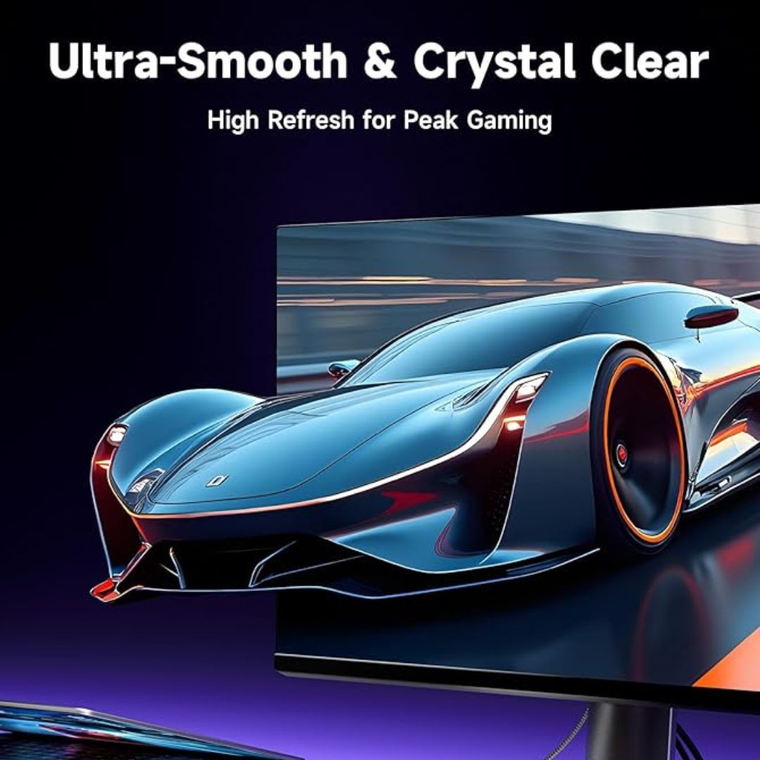 Deportivo futurista azul en un monitor con texto 'Ultra-Smooth & Crystal Clear'.