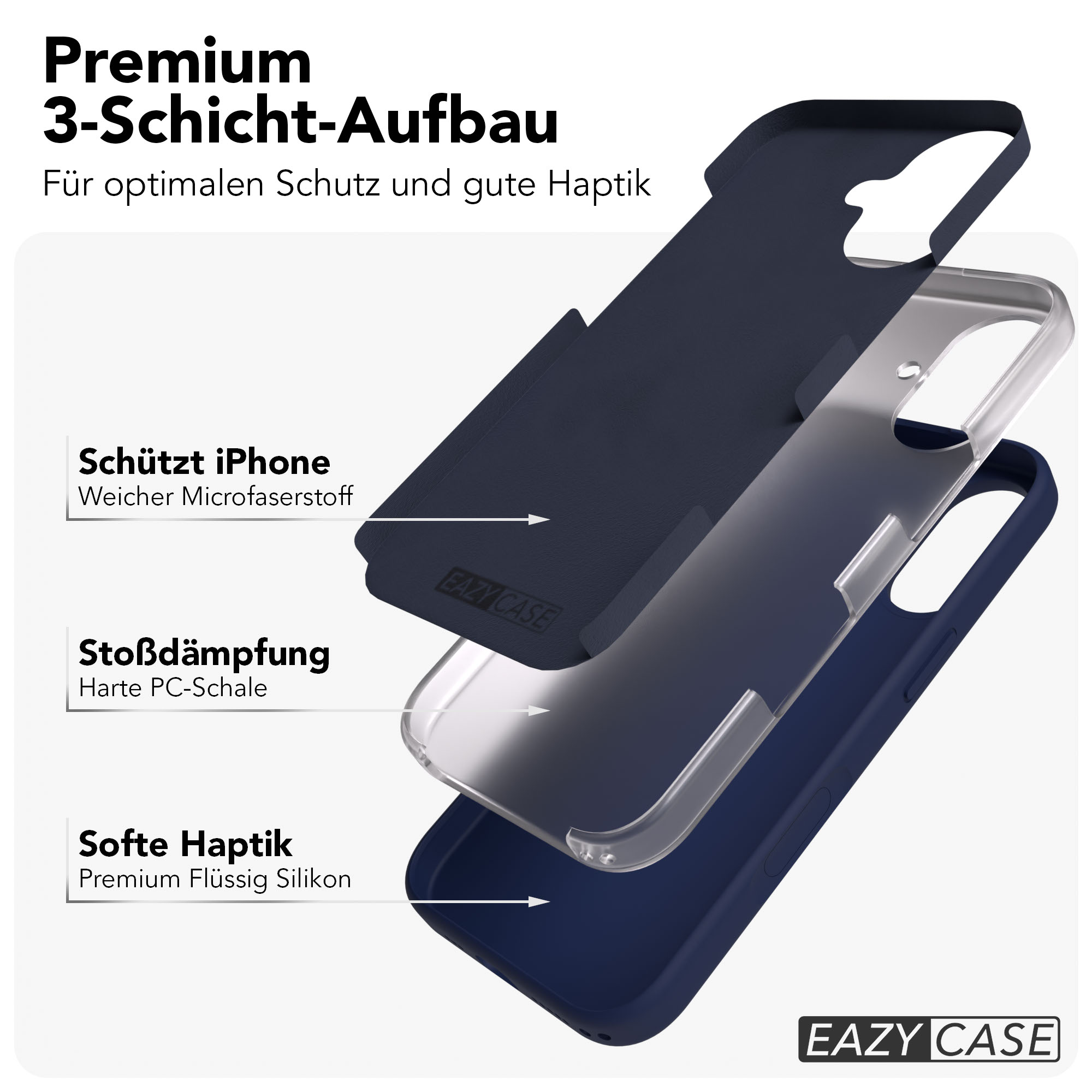Eine dunkelblaue Handyhülle mit drei Schichten, die iPhone-Schutz, Stoßdämpfung und Haptik bietet.