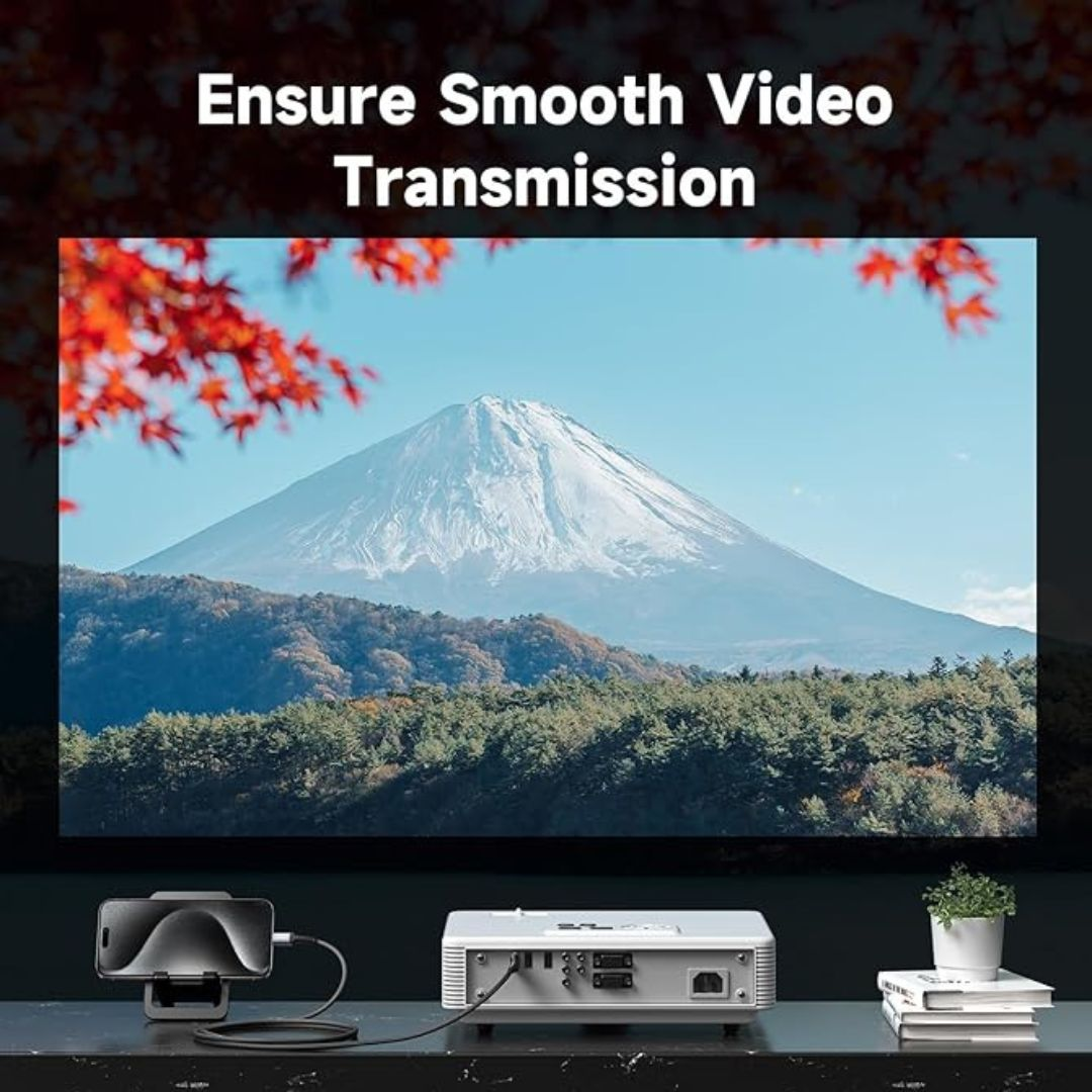 Proyector conectado a teléfono muestra Mt. Fuji. Texto: Ensure Smooth Video Transmission.