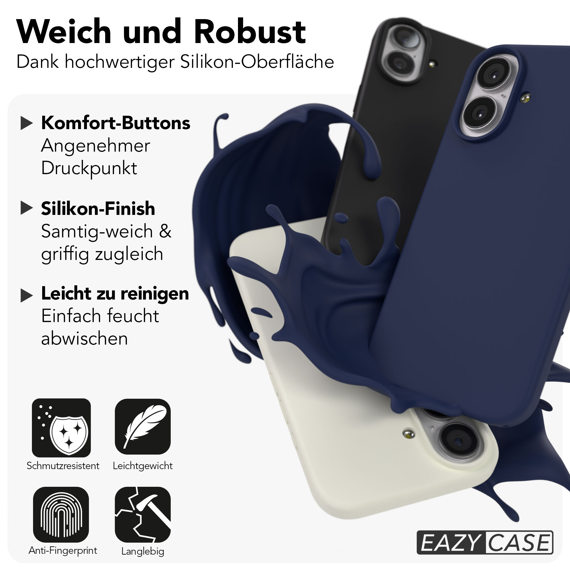 Drei Handyhüllen in dunkelblau, schwarz und weiß, umgeben von blauer Flüssigkeit.