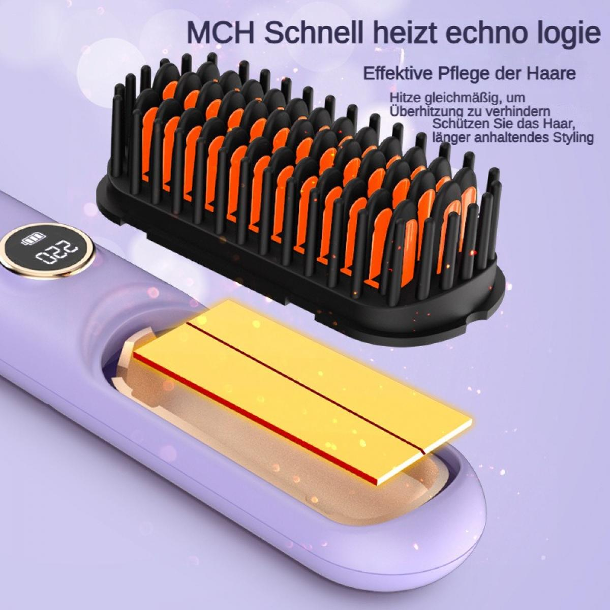 Lila Haarglätter mit schwarzer Bürste und orangen Borsten, Temperaturanzeige 022.