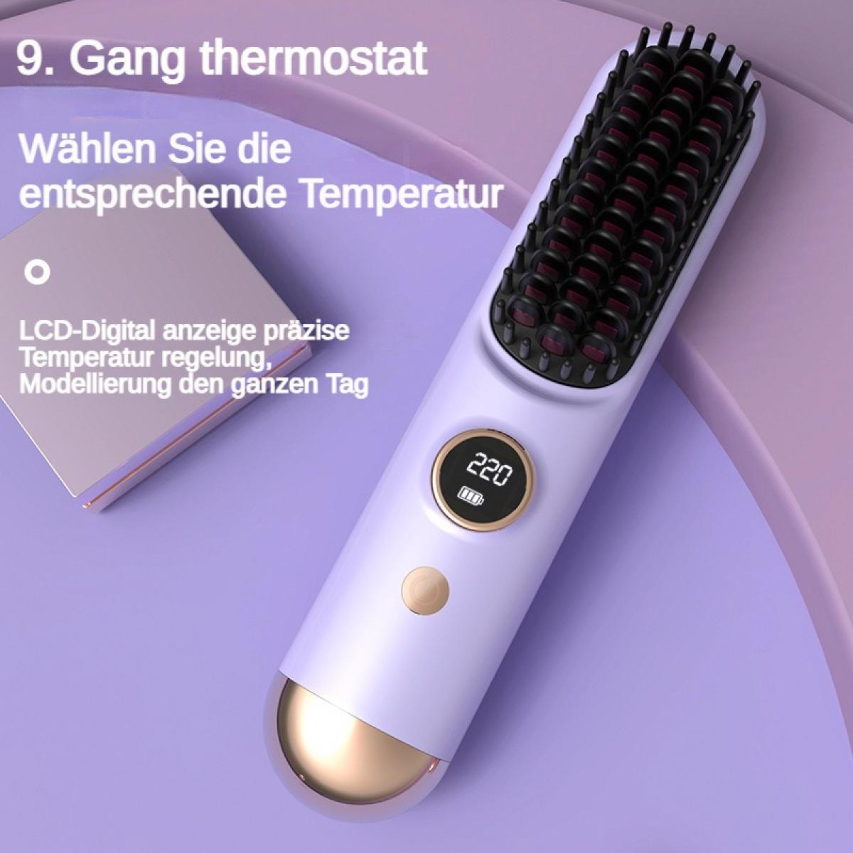 Ein violetter Haarstrehler mit LCD-Display zeigt 220 Grad an.