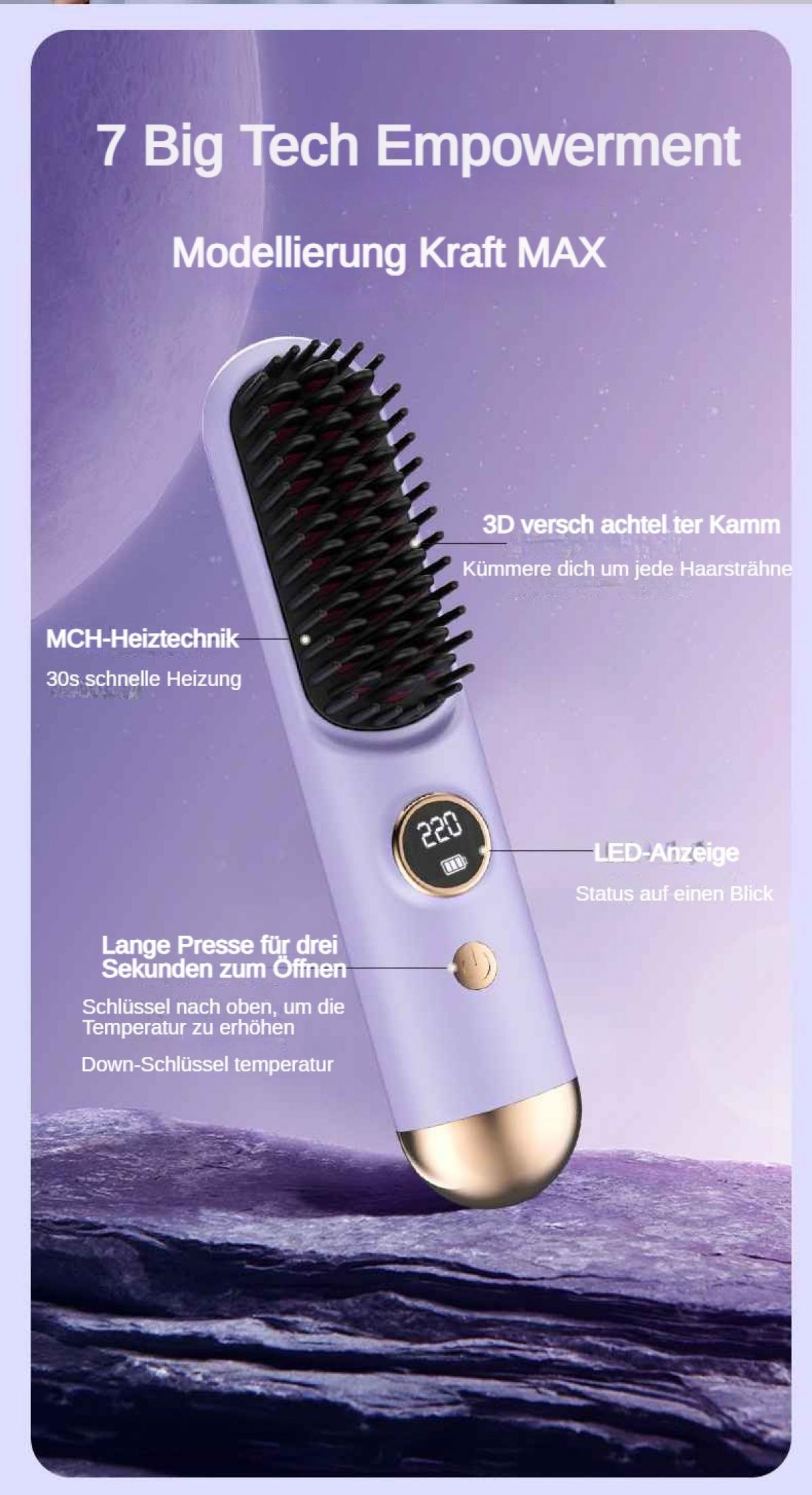 Lila Haar-Glättbürste mit LED-Anzeige (220°C). 3D-Kamm, MCH-Heiztechnik.