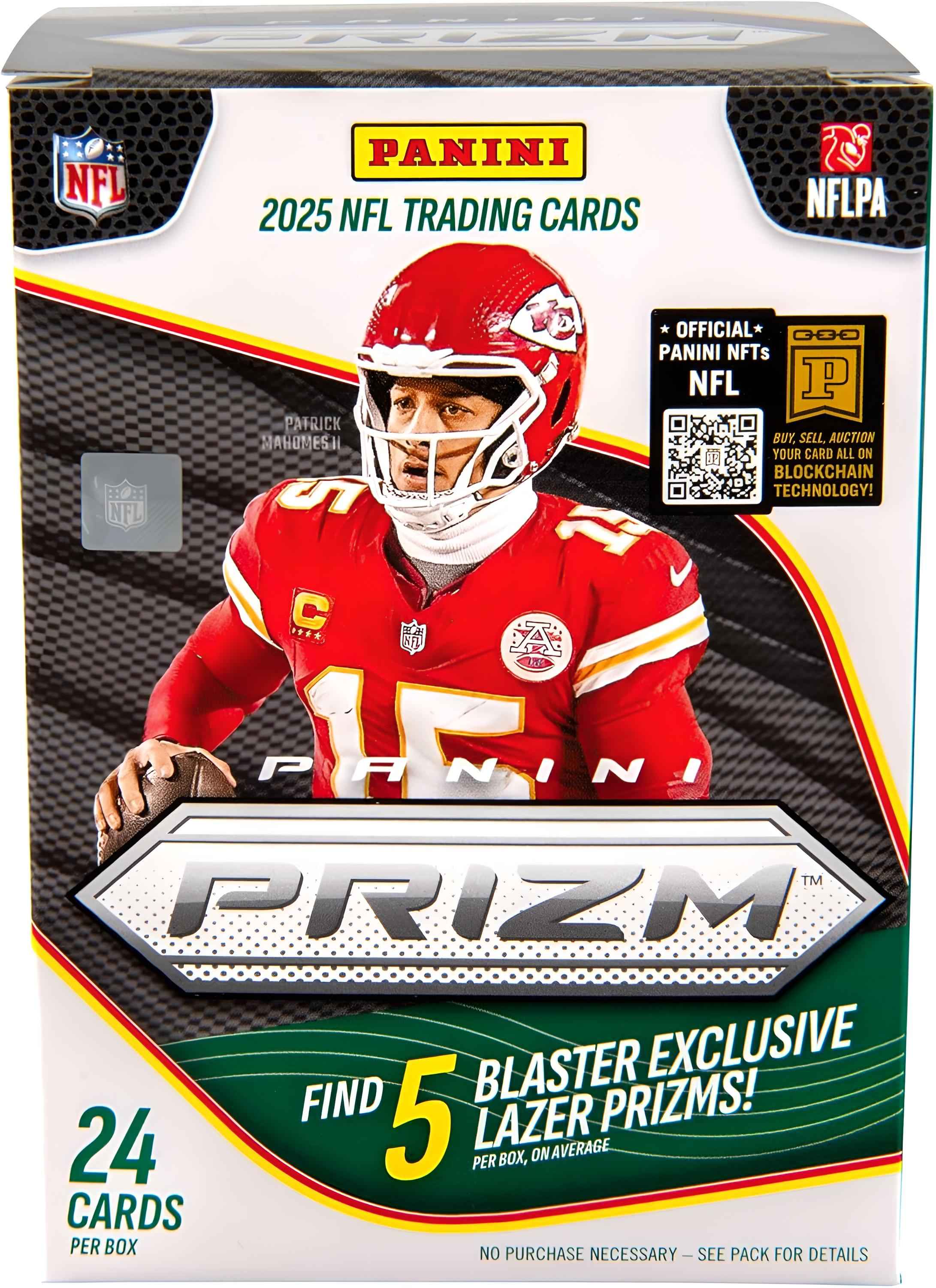 Panini NFL Trading Cards 2025 Box mit Patrick Mahomes im Chiefs-Trikot.