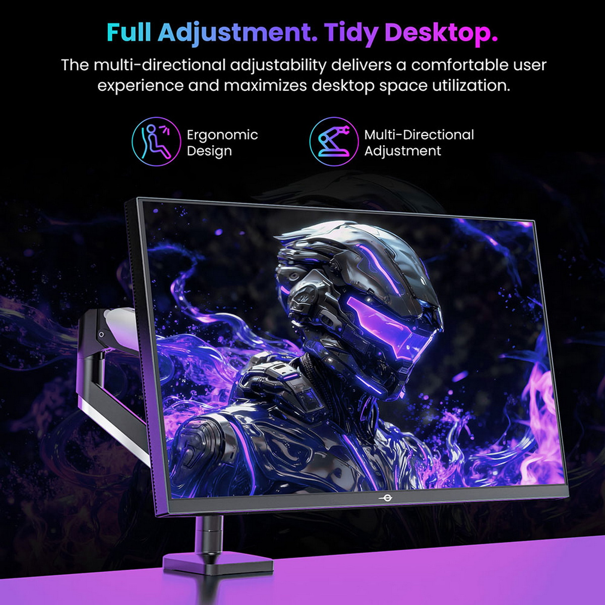 Un monitor con un personaggio sci-fi sullo schermo e il testo "Full Adjustment".