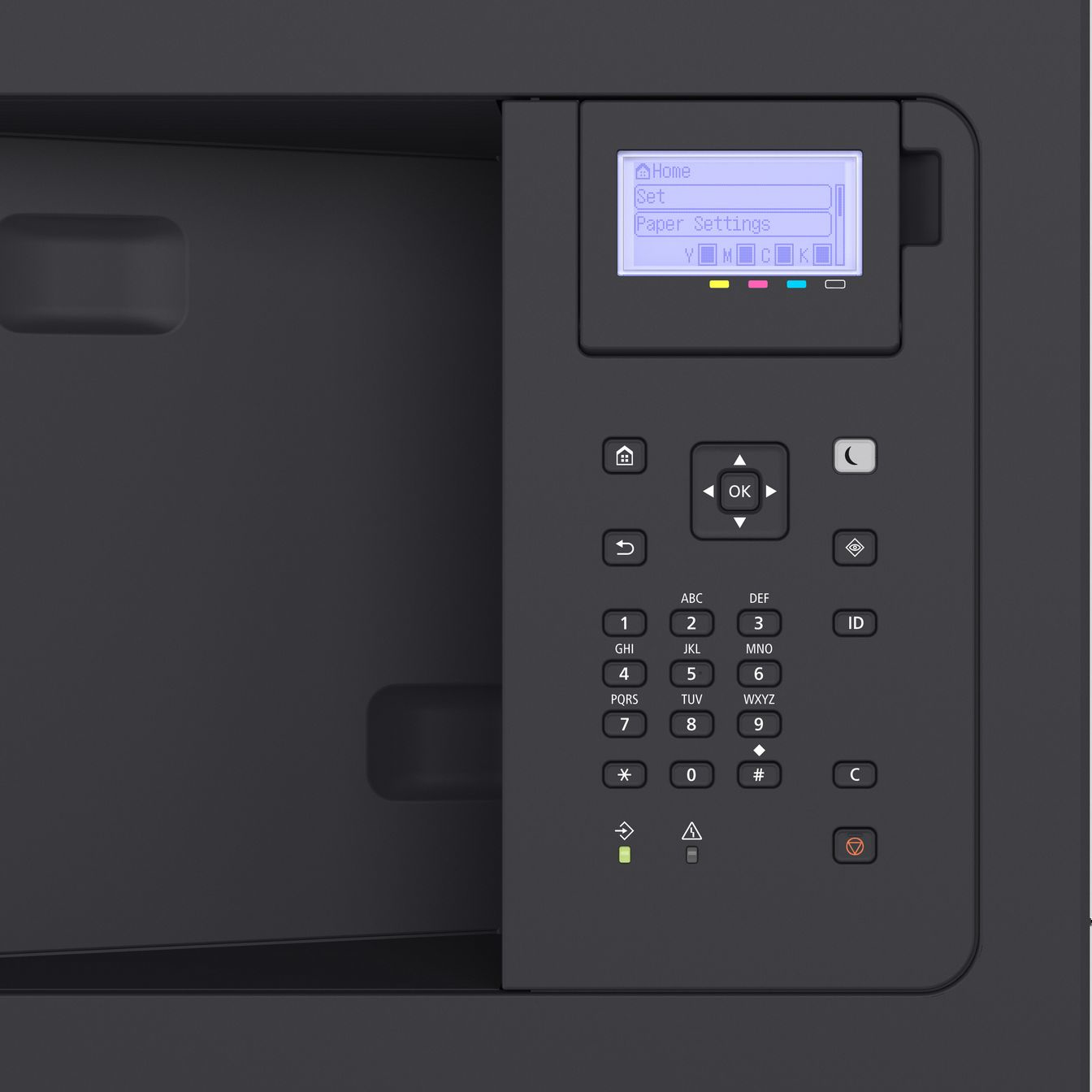 Panel de control de impresora con pantalla LCD, teclado y botones de navegación.