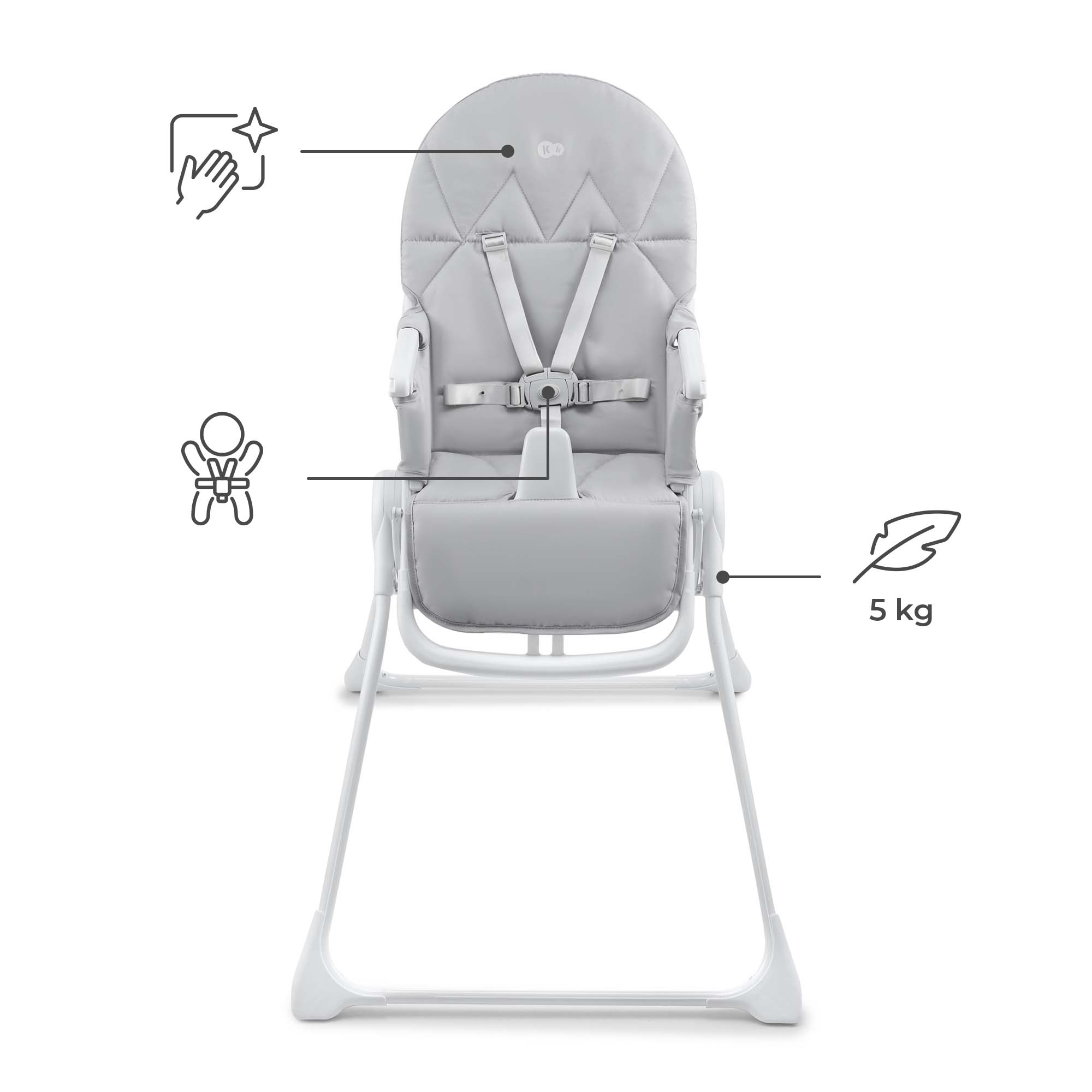 Grauer Hochstuhl mit weißen Beinen und Gurten, mit Symbolen für Reinigung, Kind und 5 kg.