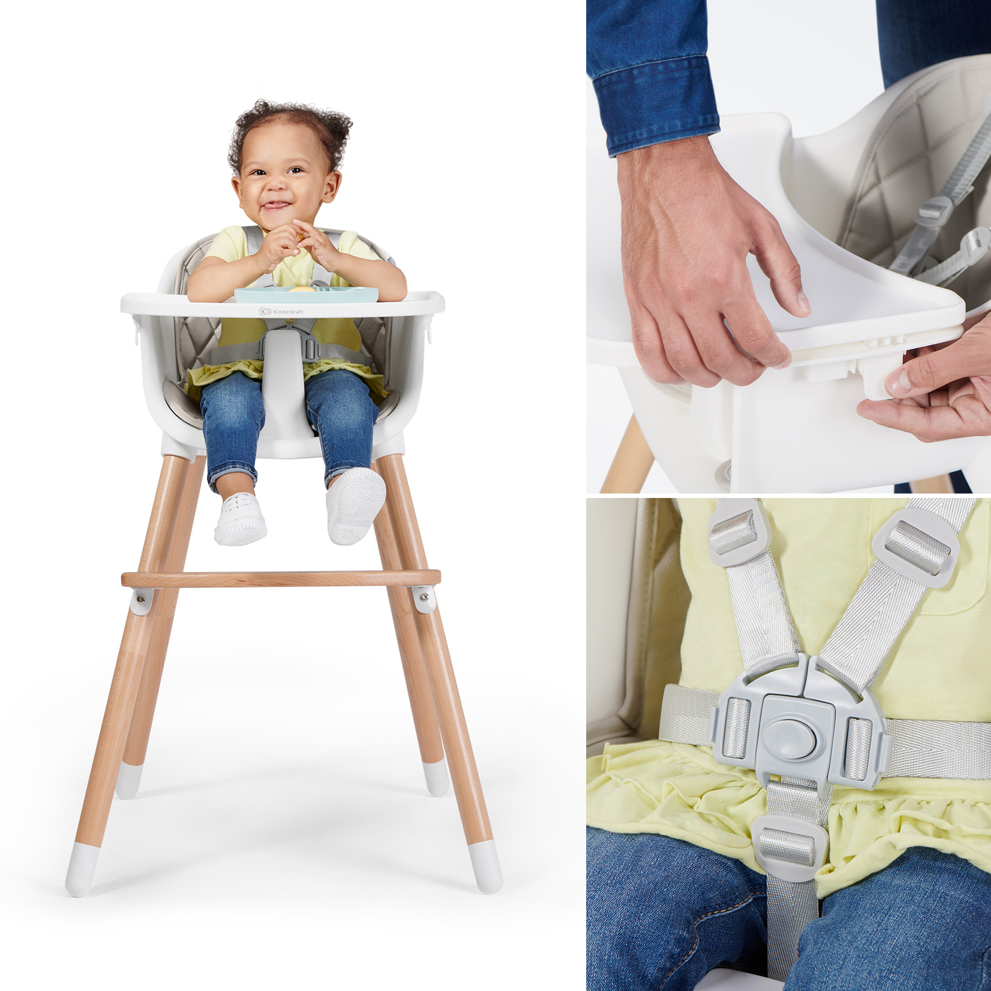 Ein Baby sitzt in einem Hochstuhl mit Holzböcken und Sicherheitsgurten.
