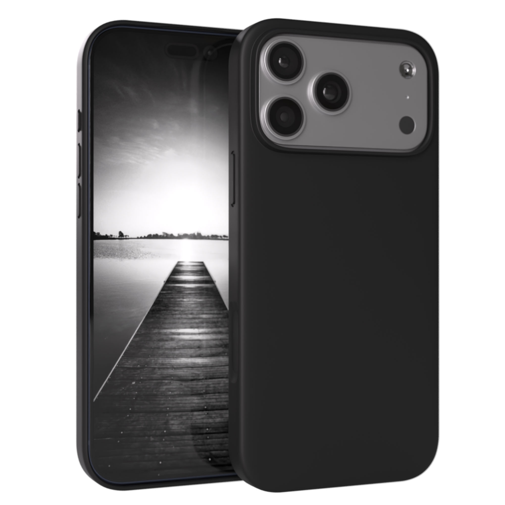 Schwarzes Handy mit Kameramodul und Dock auf einem See.