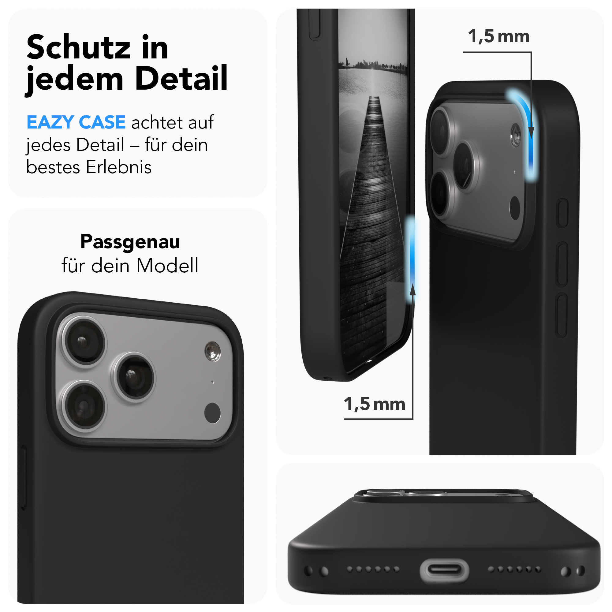 Schwarze Handyhülle mit Kamera-Detail und 1,5mm Schutz.