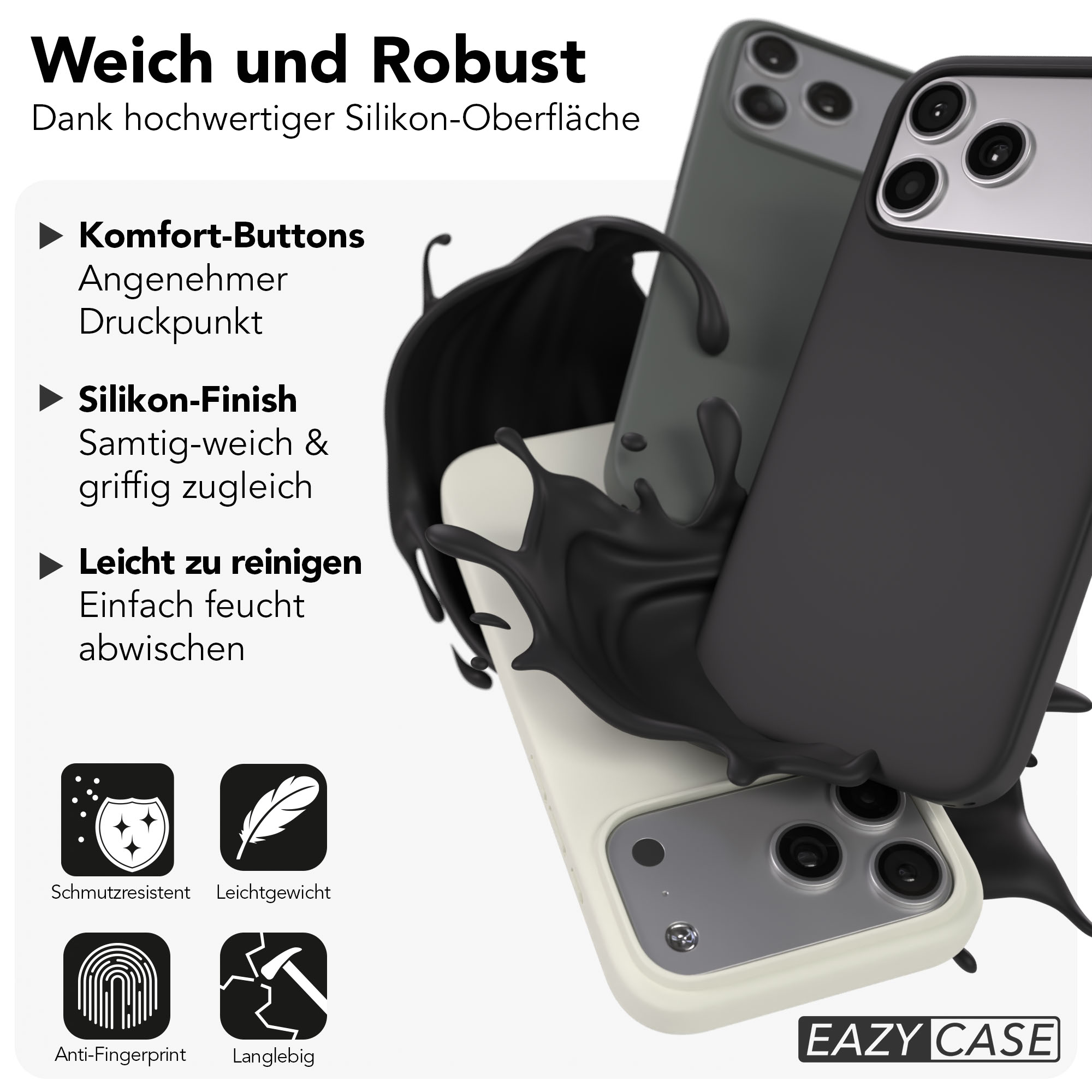 Drei iPhone Hüllen in Schwarz, Grau und Weiß mit schwarzer Silikon-Flüssigkeit.