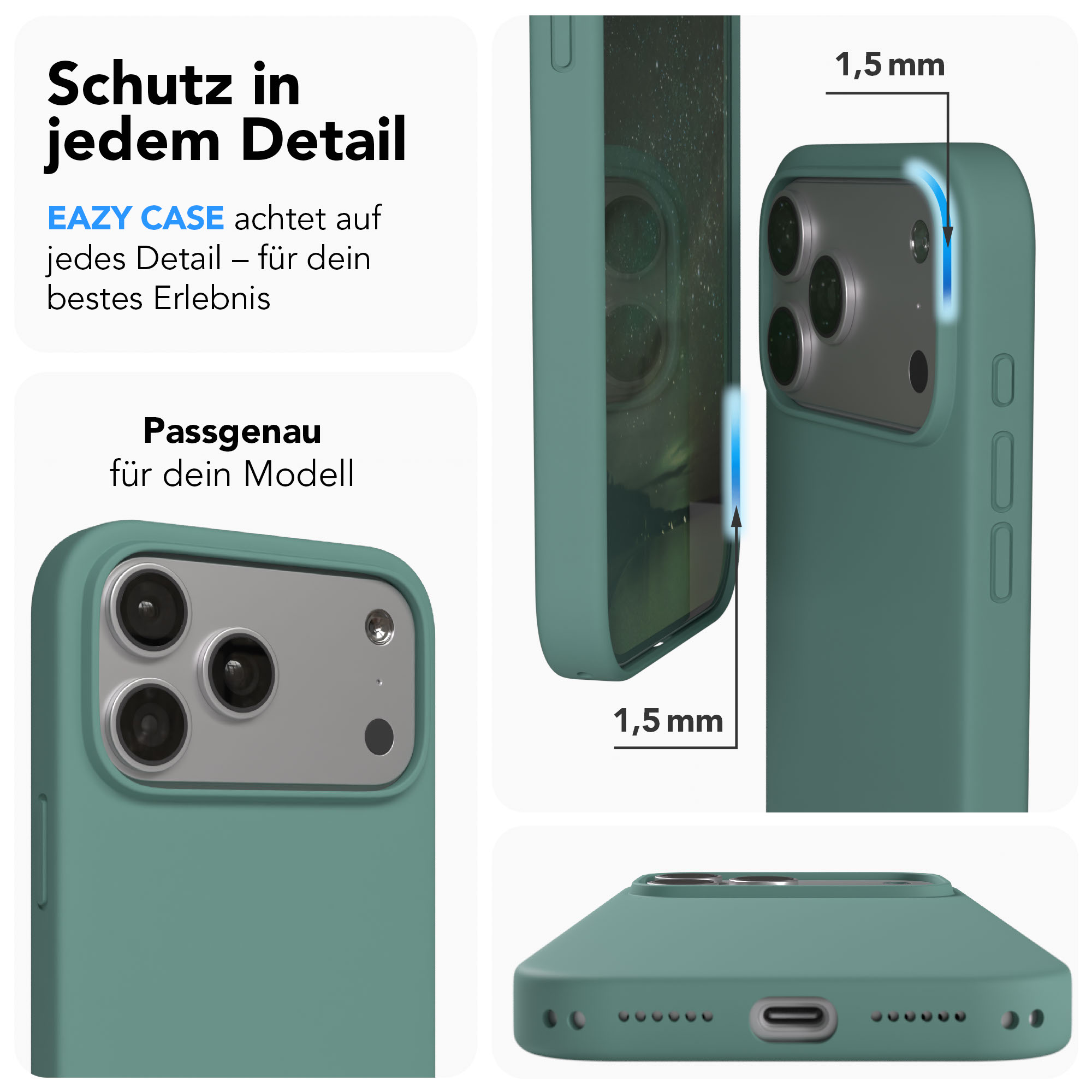 Grüne Handyhülle mit Kameraöffnung und 1,5 mm Randhöhe.