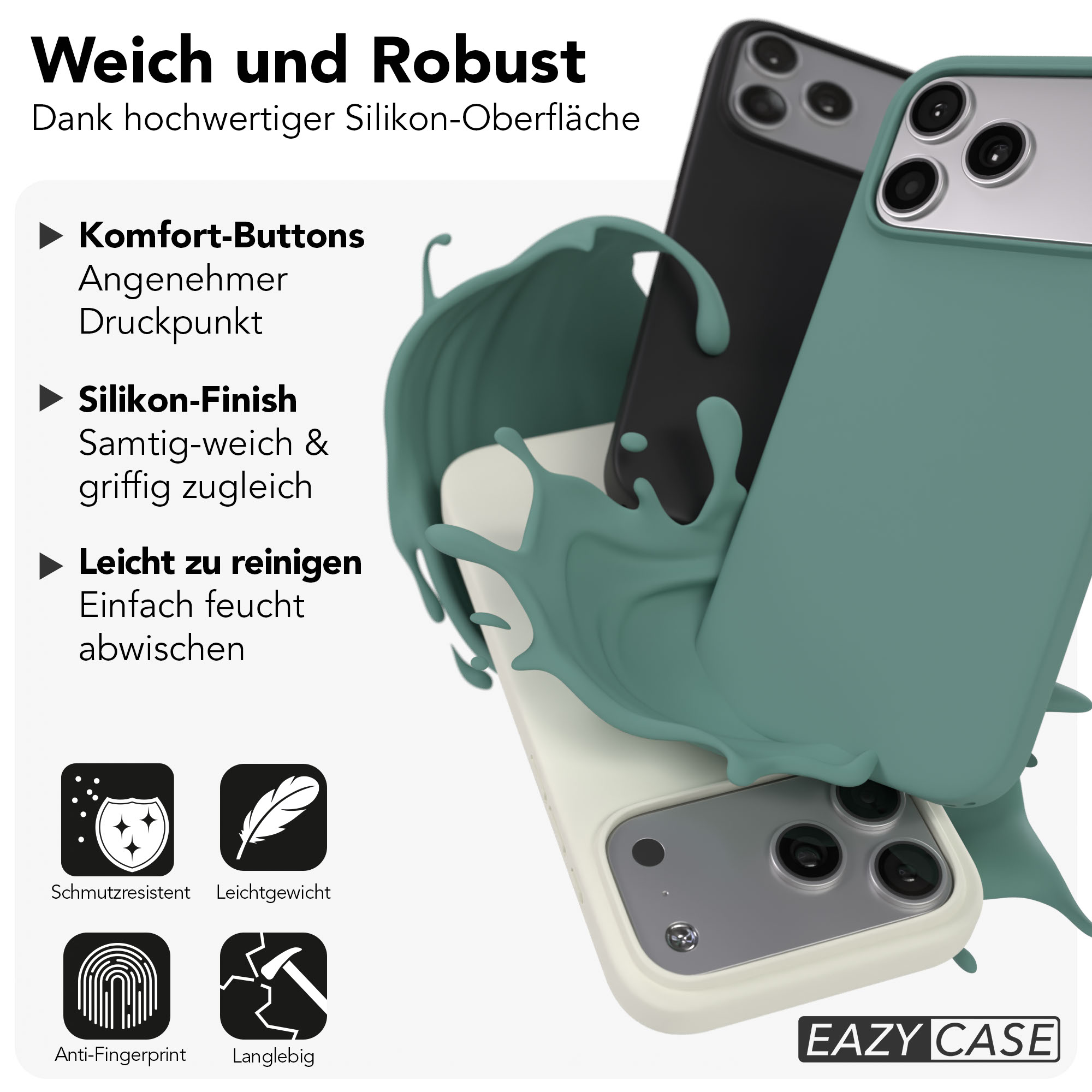 Drei iPhone-Hüllen in verschiedenen Farben, umgeben von einer grünen Flüssigkeit.