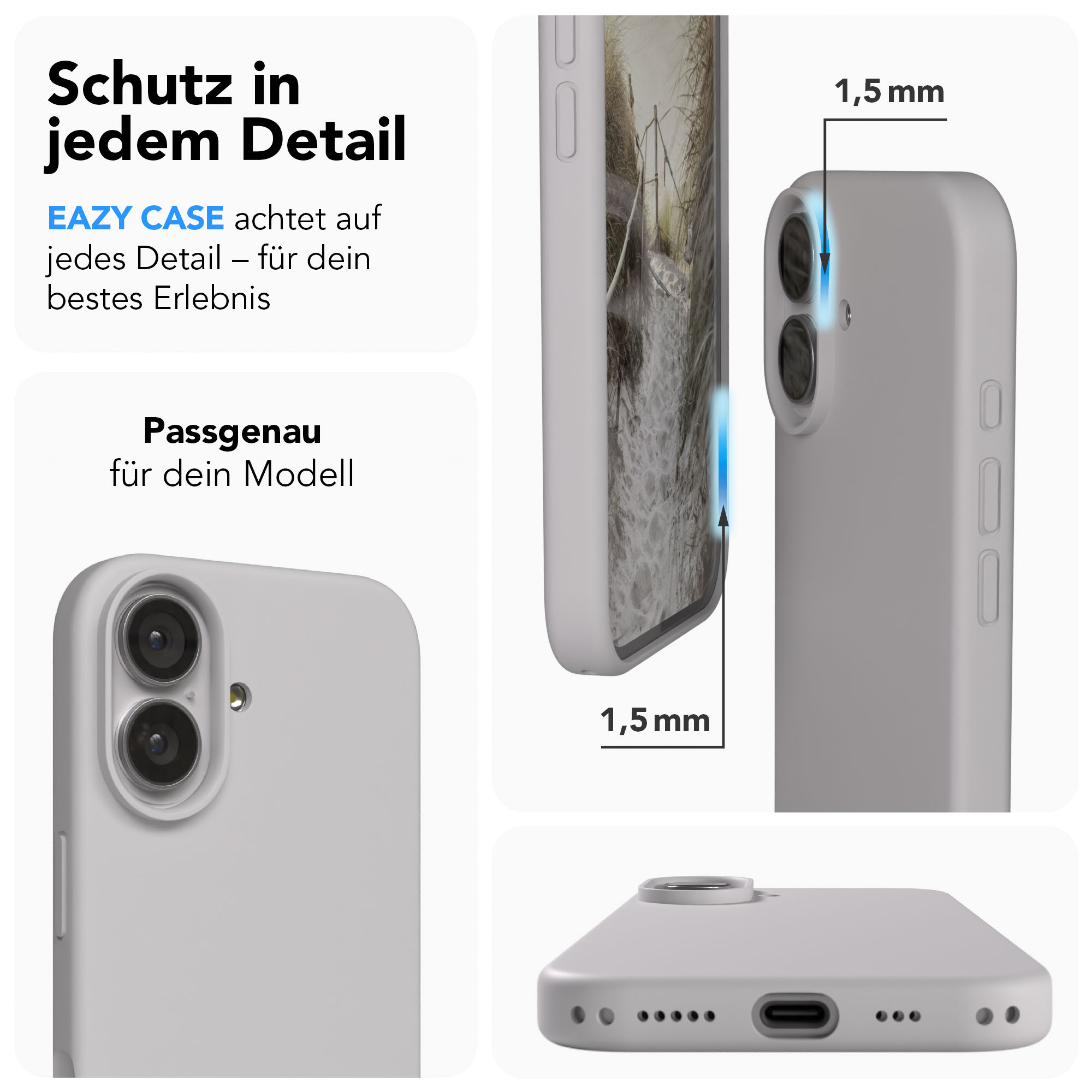 Graue Handyhülle zeigt Kameras und Ladeanschluss. 1,5 mm Dicke.