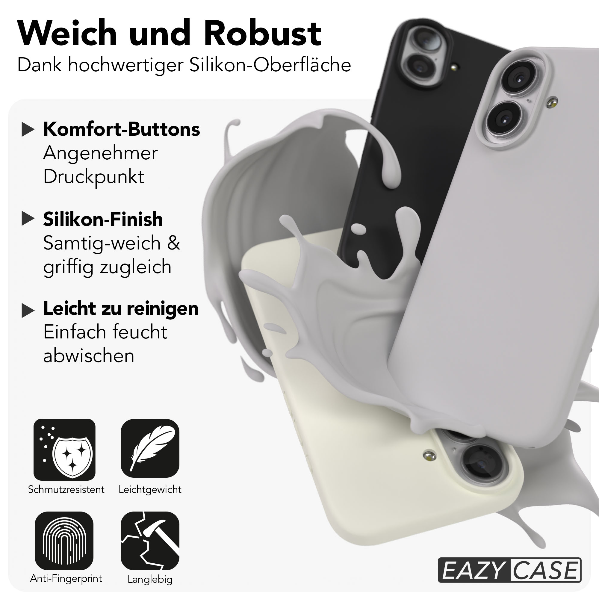 Weiche und robuste Handyhüllen in verschiedenen Farben, umgeben von weißer Flüssigkeit.