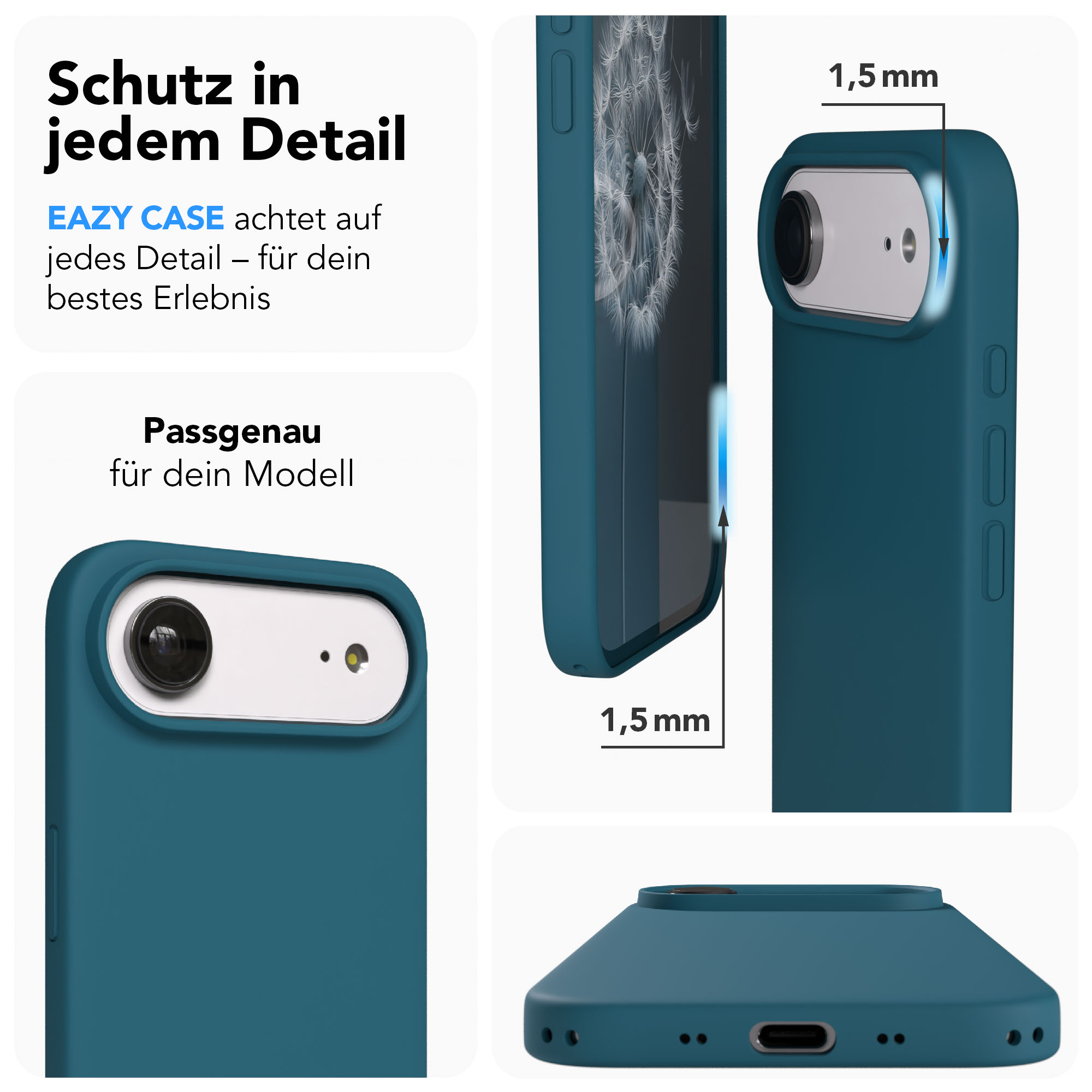 Blaue Handyhülle mit Fokus auf Kameraschutz und Präzision, 1,5mm Rand.