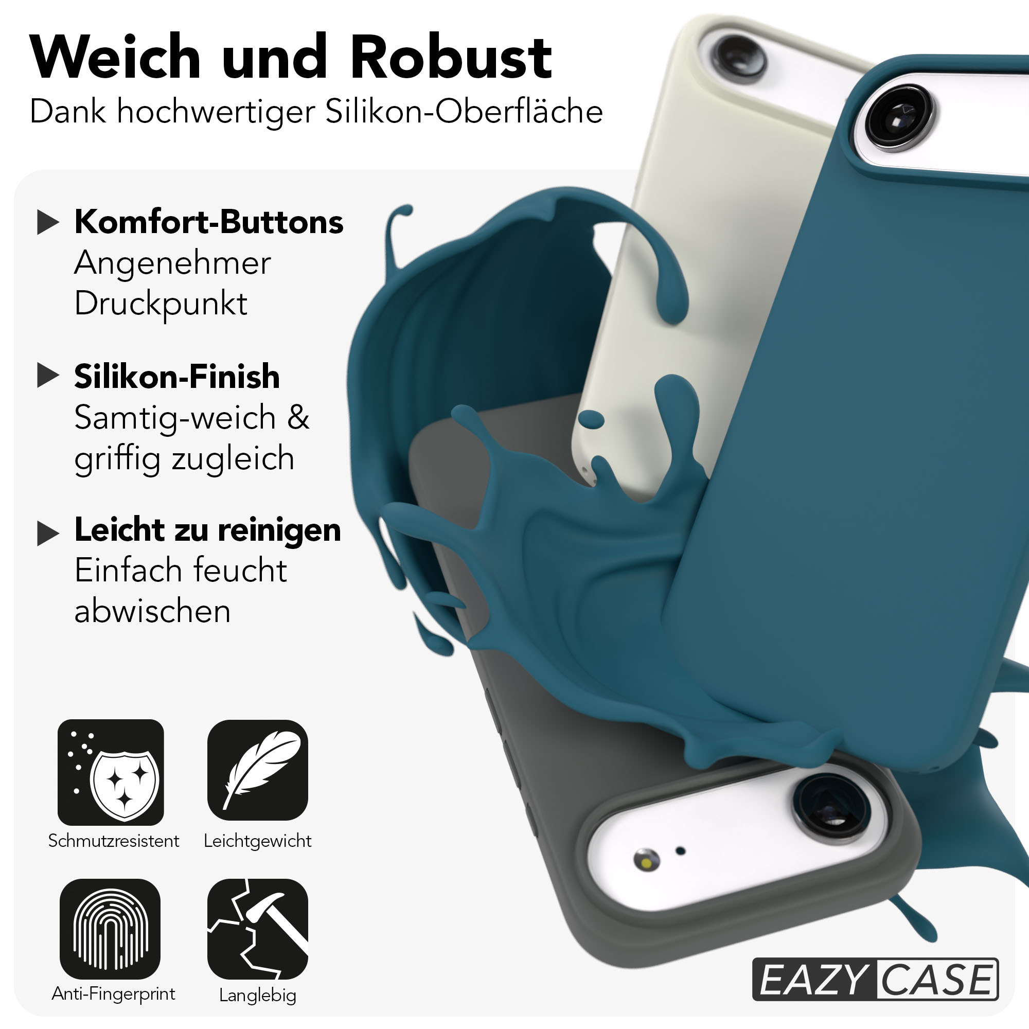 Drei farbige Handyhüllen mit flüssigem Design-Element. "Eazy Case" Logo.