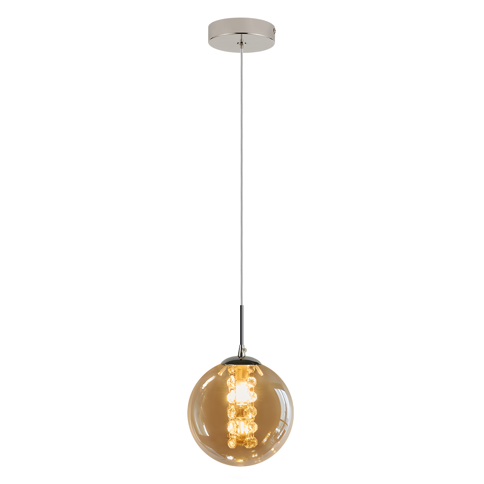 Una lampada a sospensione a globo in vetro marrone con lampadina visibile.
