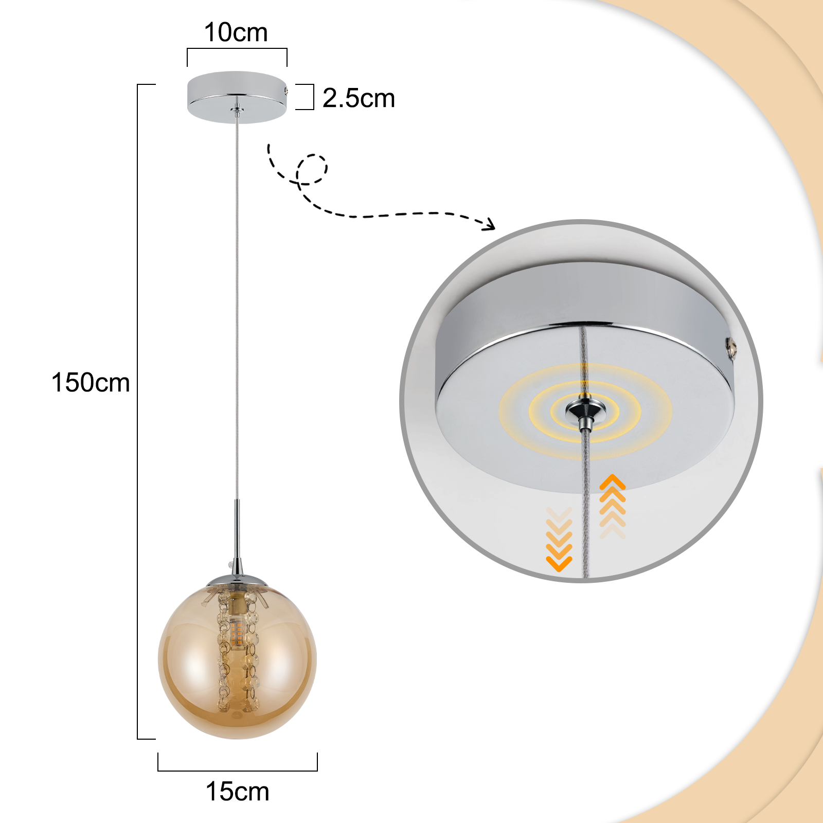 Lampada a sospensione con globo in vetro ambrato, lunga 150 cm, diametro 15 cm.