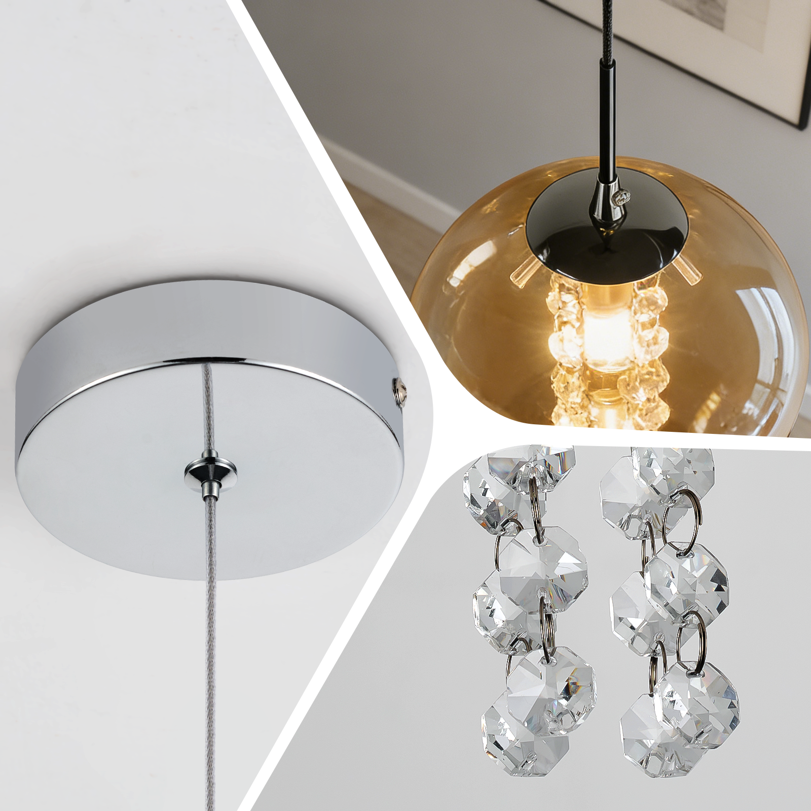 Primo piano di una lampada a sospensione con vetro ambrato, gocce di cristallo e attacco a soffitto.