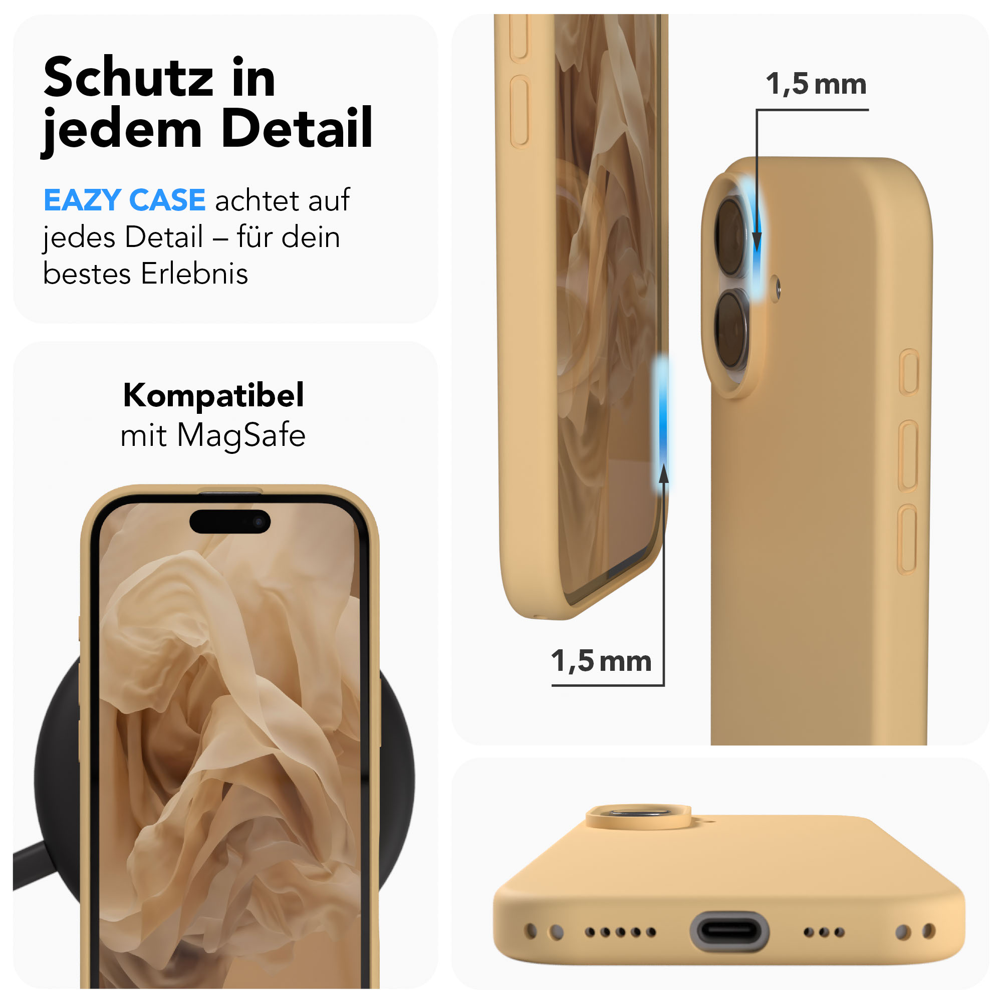 Gelbe Handyhülle mit Fokus auf Details und MagSafe-Kompatibilität.