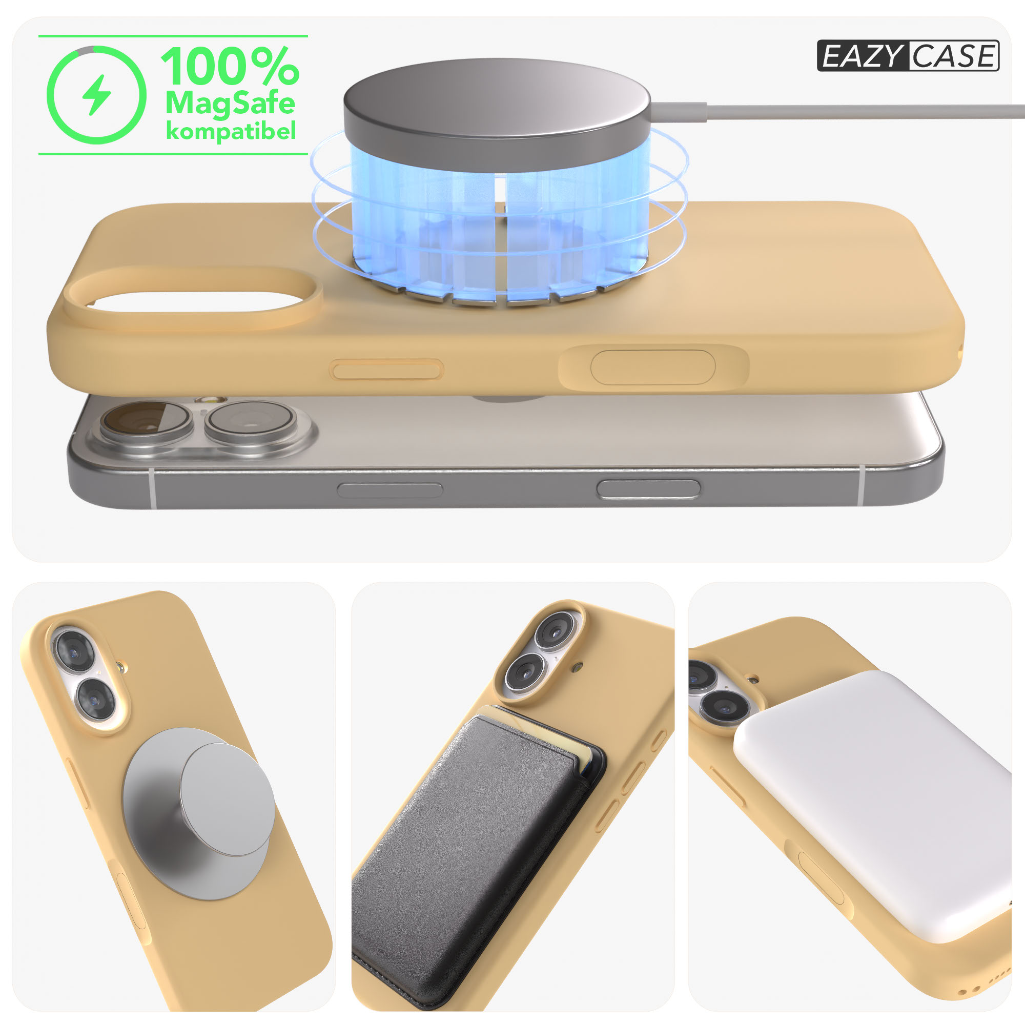 Ein gelbes iPhone-Case mit MagSafe-Ladegerät und Handy.