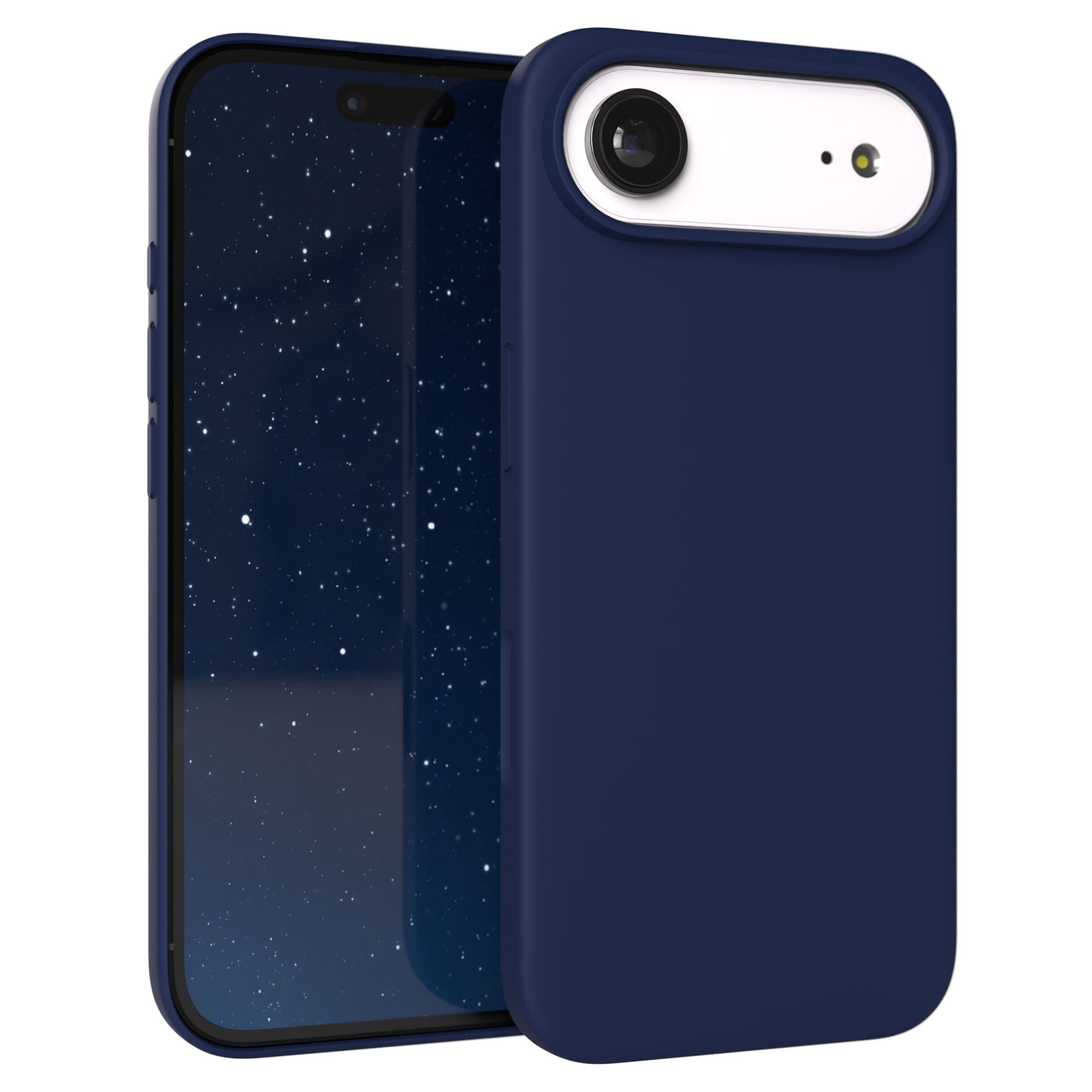 Dunkelblaues iPhone mit Sternenhimmel-Hintergrund und Kamera-Ausschnitt.