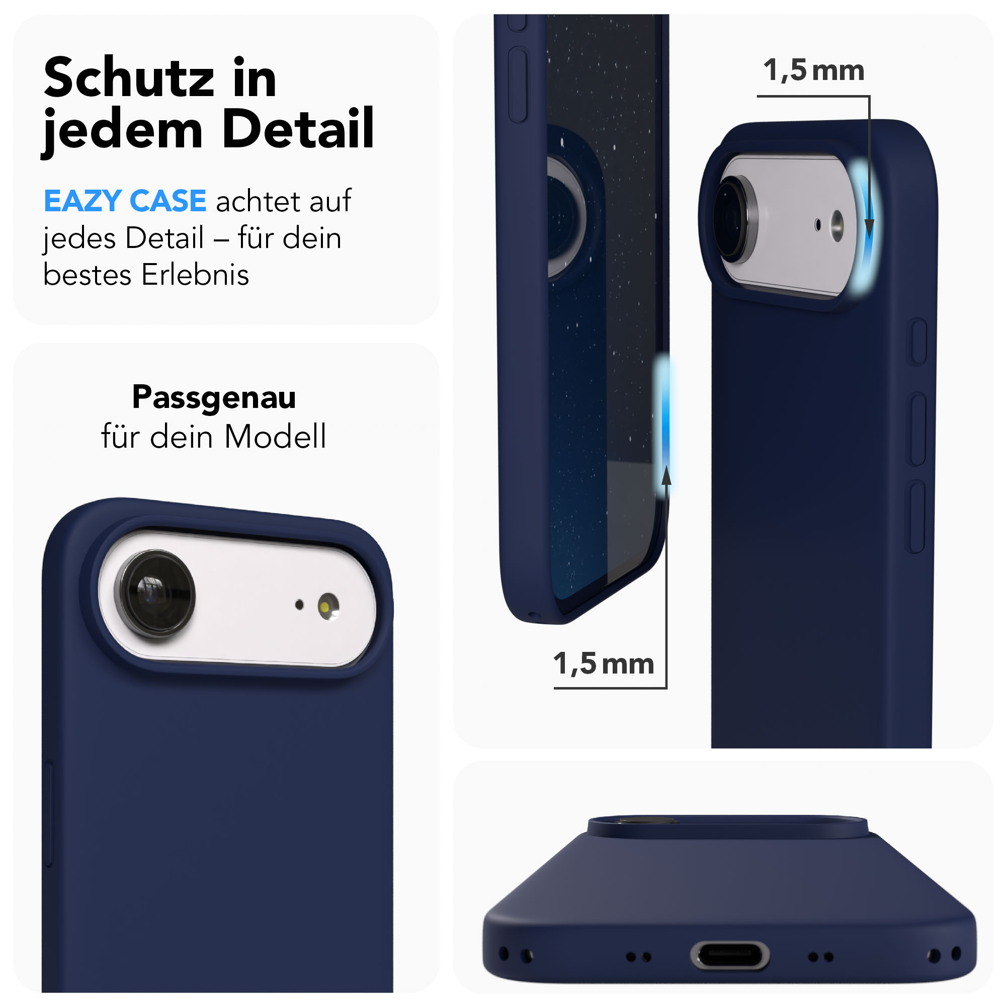 Dunkelblaue Handyhülle zeigt erhöhten Kamerarahmen und Ladeanschluss.