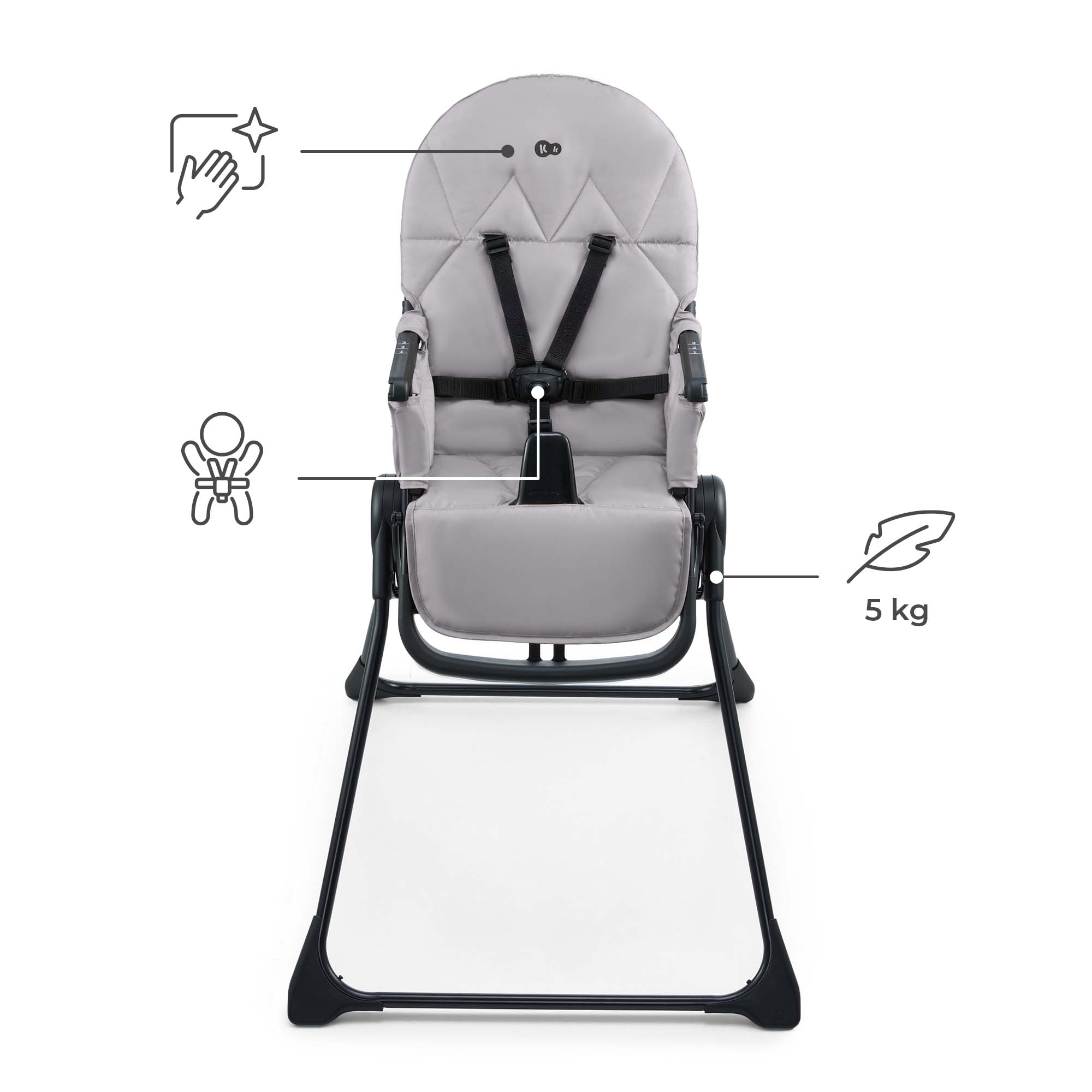 Grauer Kinderhochstuhl mit schwarzem Gestell, 5kg leicht, leicht zu reinigen.