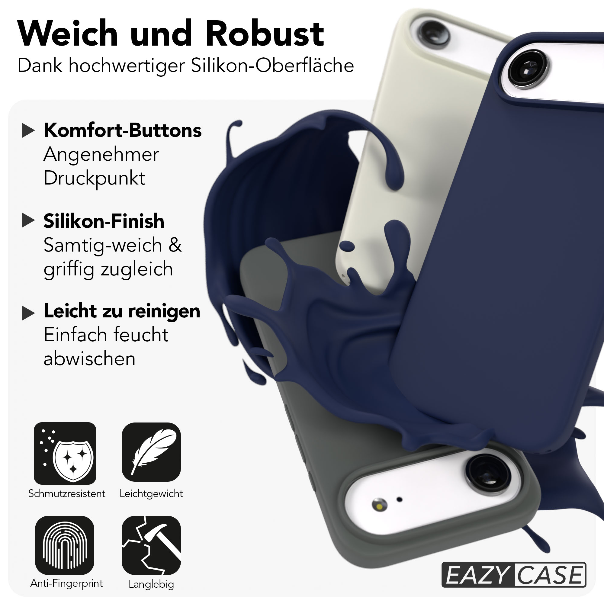 Drei Handyhüllen in Grau, Weiß und Dunkelblau mit flüssigem Silikon-Effekt.