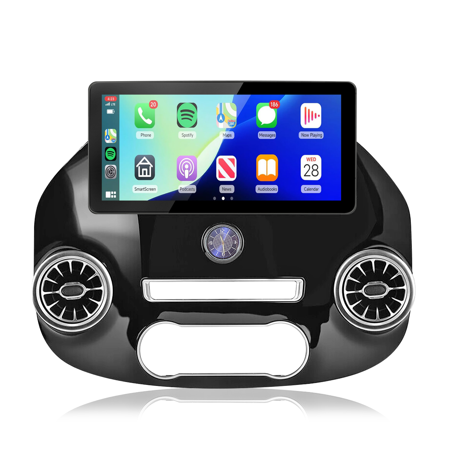 Ein schwarzes Armaturenbrett mit einem Touchscreen-Display, das App-Icons zeigt.