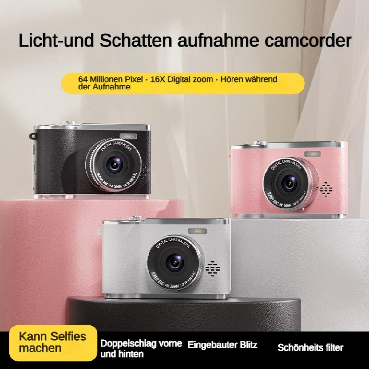Drei Digitalkameras in Pink, Schwarz und Weiß auf Podesten.