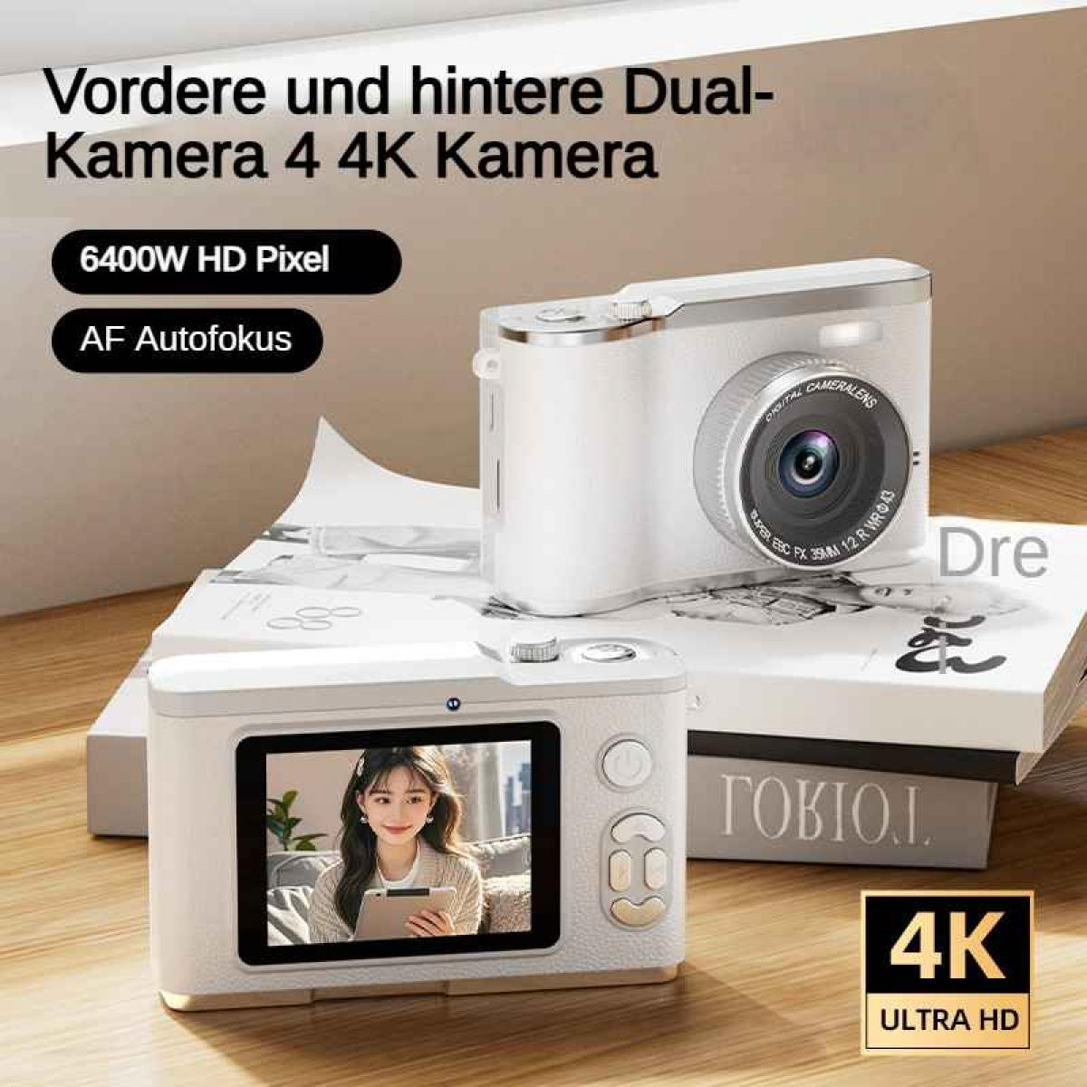 Zwei weiße Digitalkameras mit 4K-Auflösung, eine mit Display, auf Büchern.