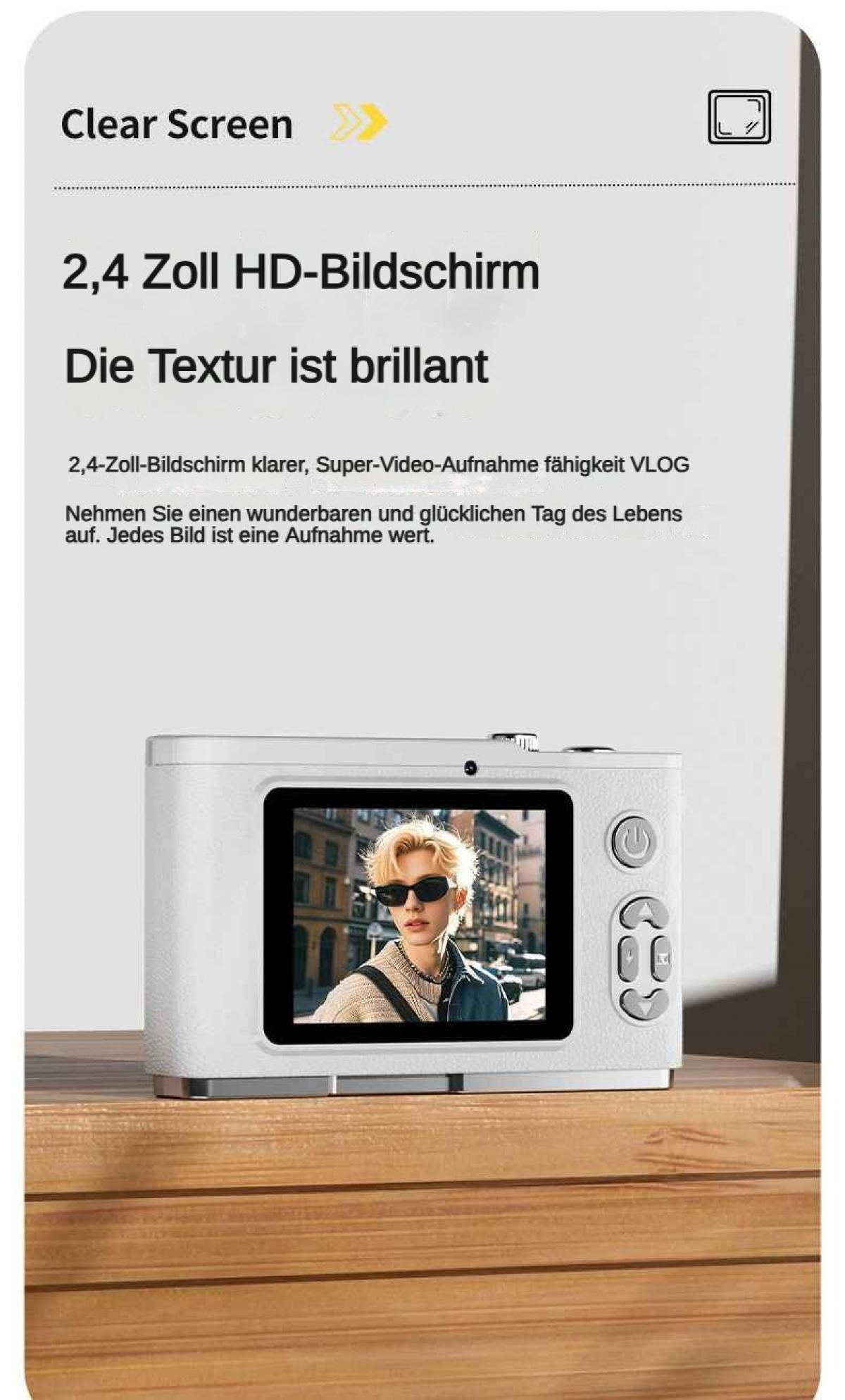 Weiße Kamera mit 2,4 Zoll HD-Bildschirm, zeigt ein junges Model mit Sonnenbrille.