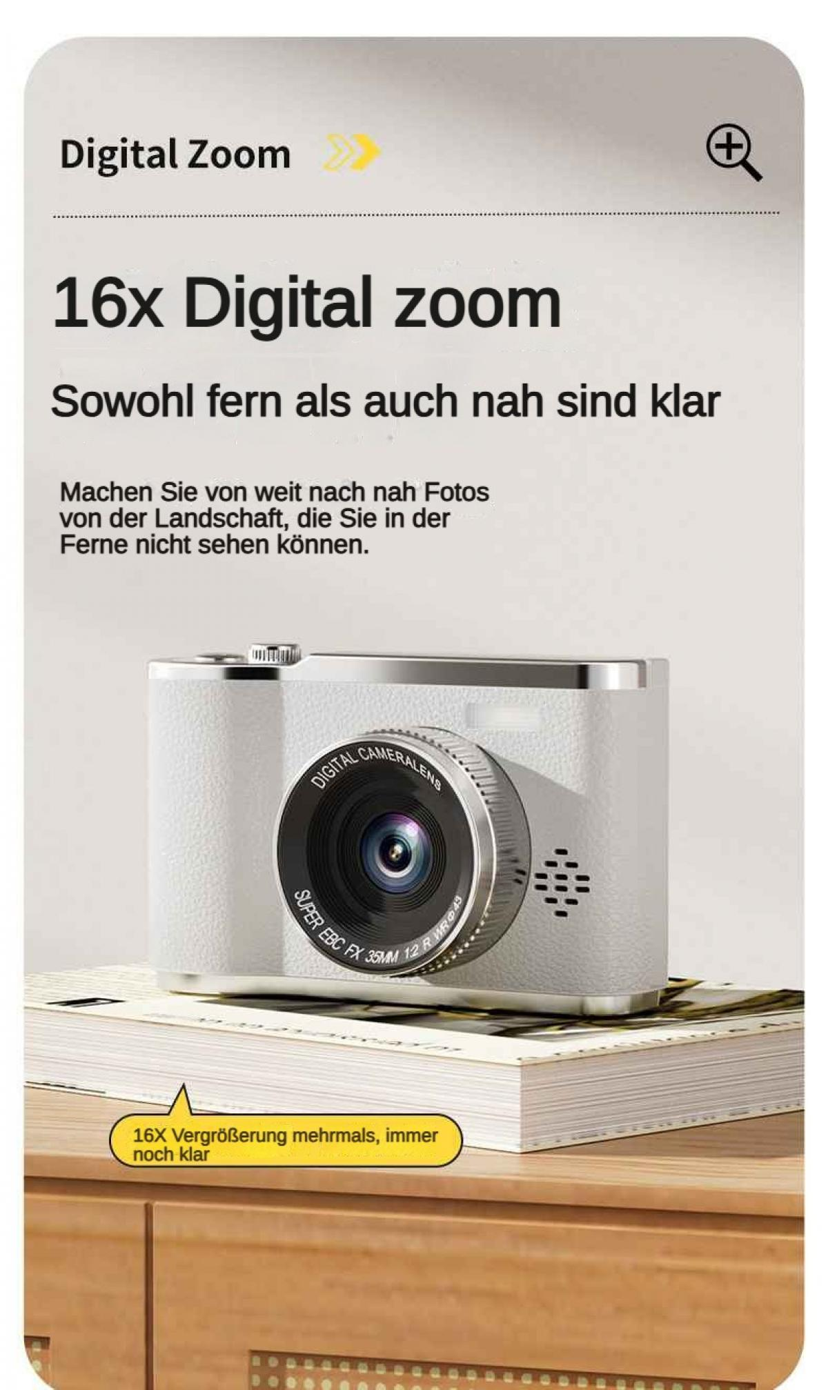 Eine weiße Digitalkamera mit 16-fachem Zoom steht auf einem Buch.