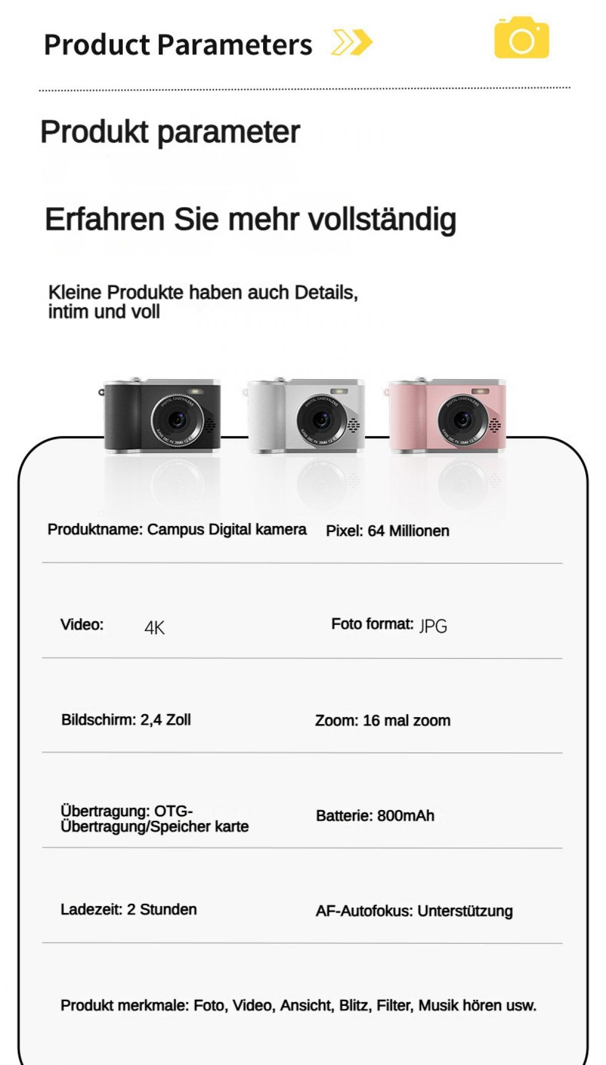 Produktparameter: Campus Digitalkamera, 64MP, 4K Video, 2,4 Zoll Bildschirm, 16x Zoom.
