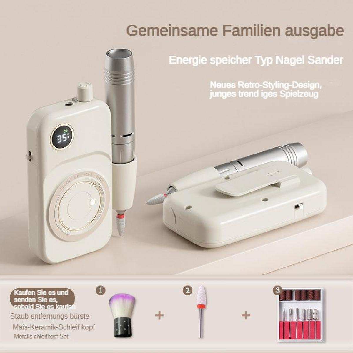 Ein weißes Nagel-Schleifgerät mit digitaler Anzeige, daneben eine Metallspitze. Unten sind Zubehörteile abgebildet.